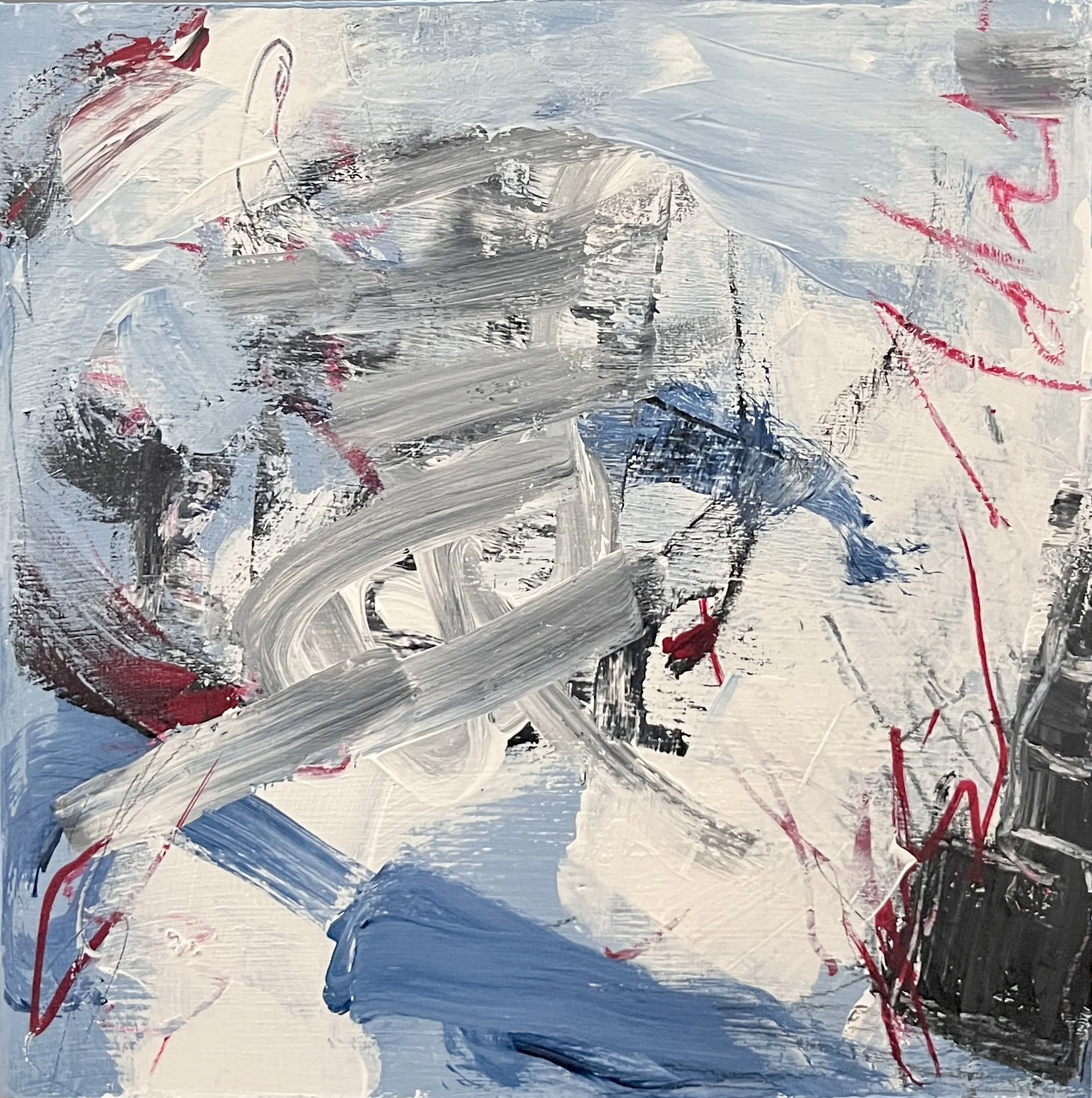 Abstract painting with large sweeping brushstrokes in white, gray, black, red, and blue colors.