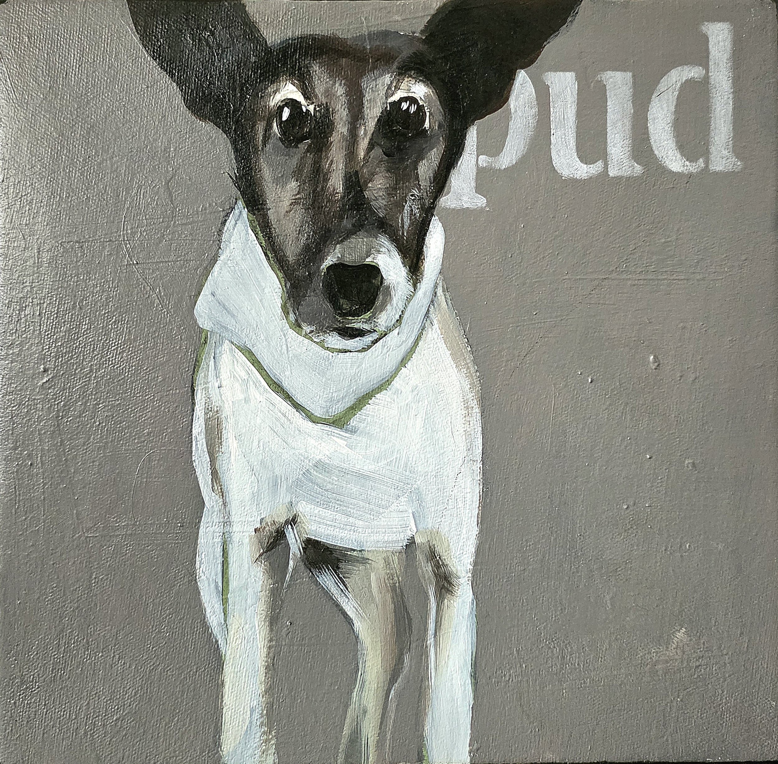 Painting of a black and white dog with large dark eyes, wearing a white bandana, looking directly at the camera, with the word 'pup' partially visible in the background.