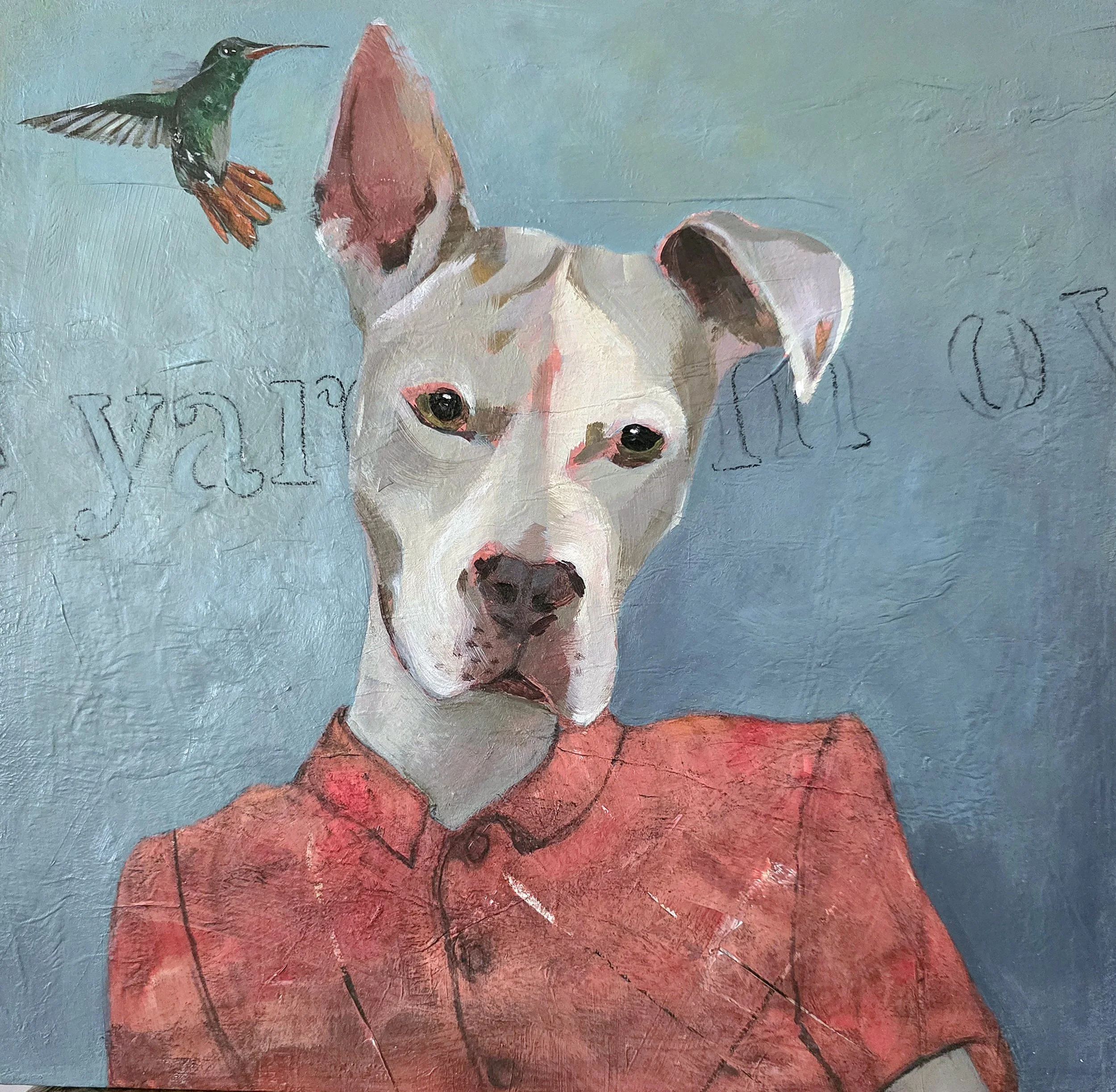 Painting of a dog with a white face and pink ears, wearing a red shirt, with a hummingbird flying near its head against a blue background.