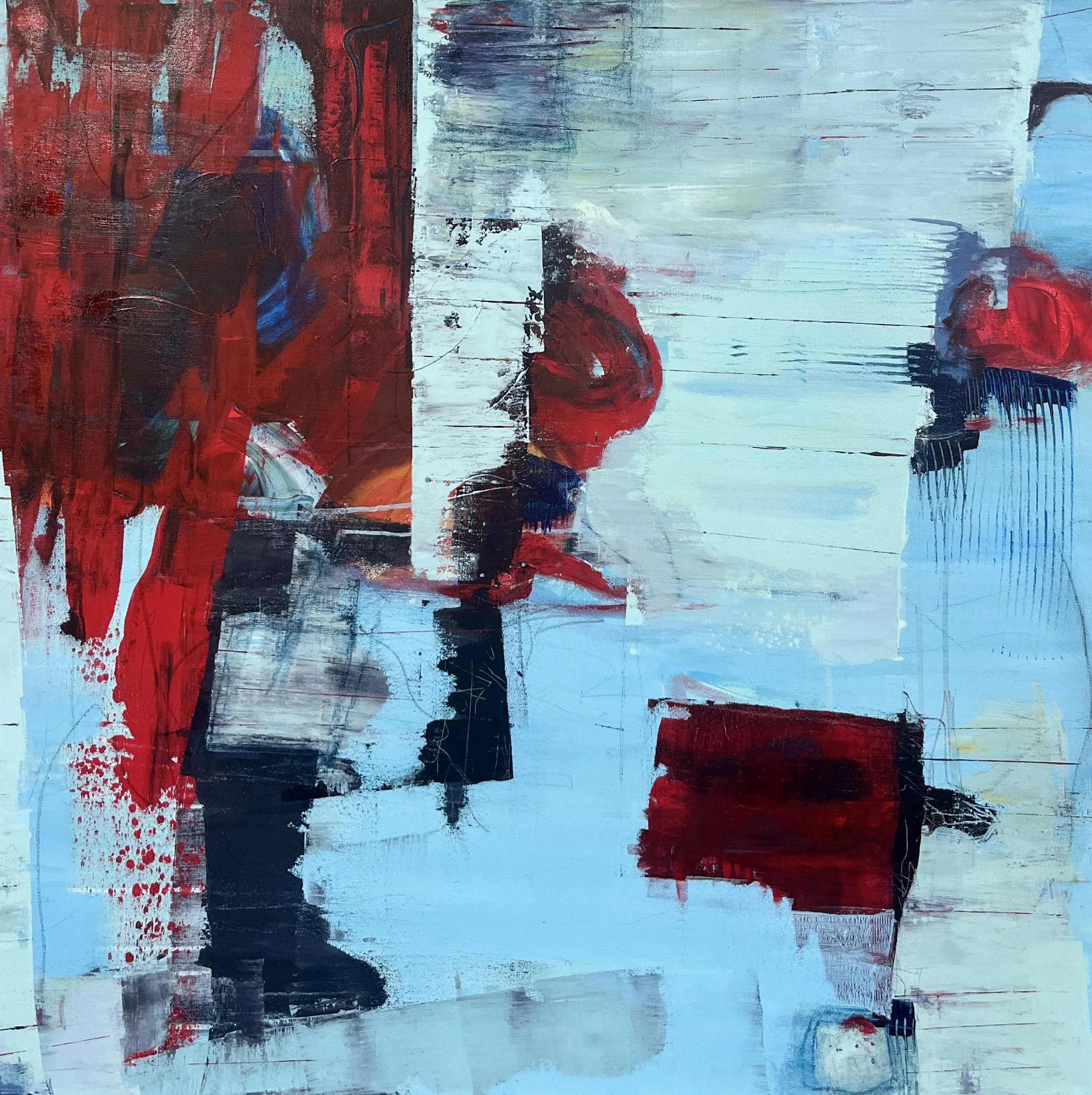 Abstract painting with bold red, black, blue, and white brushstrokes and textures.
