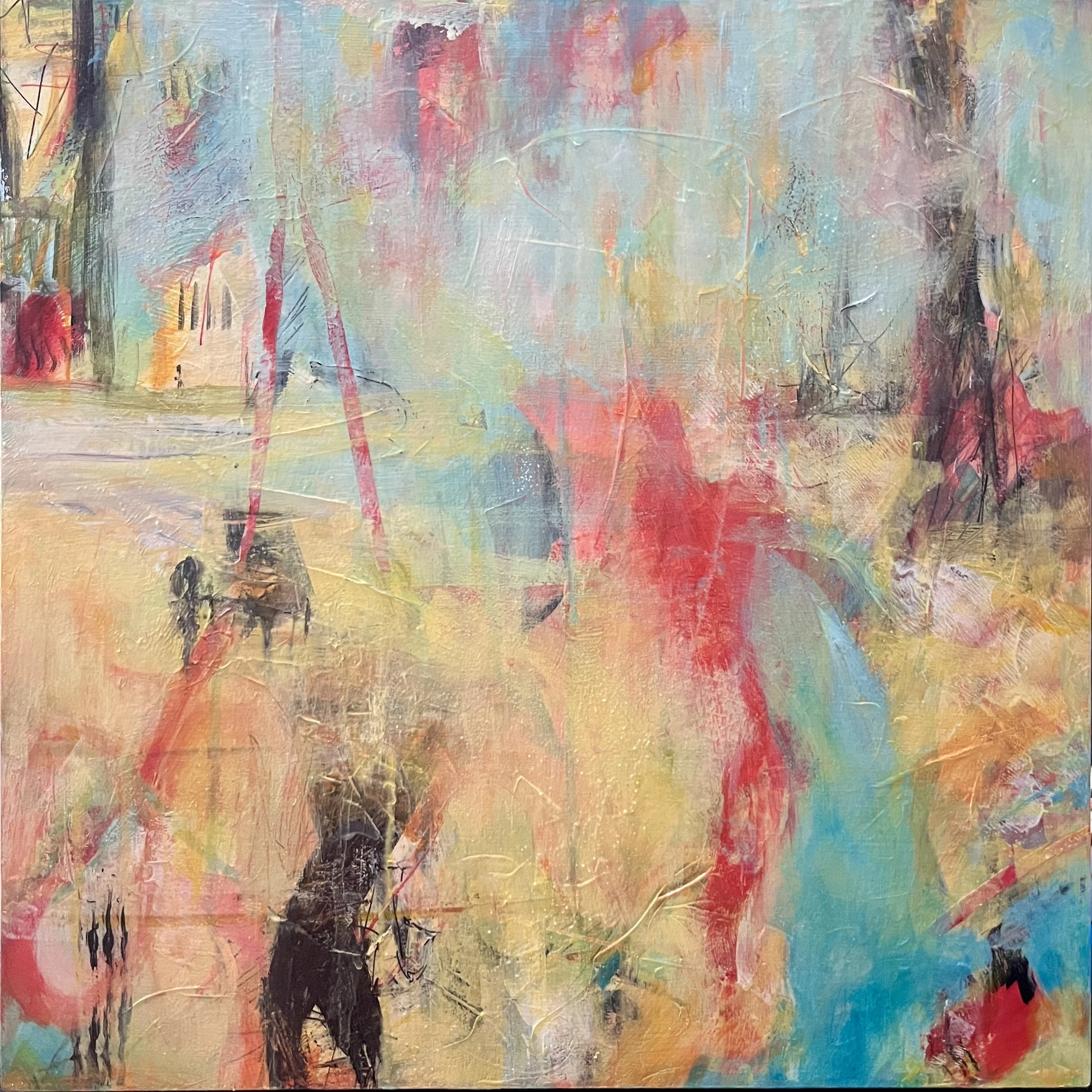 Abstract painting with pastel colors, splashes of red, blue, yellow, and black, with hints of landscape elements like trees, a swing, and a person.