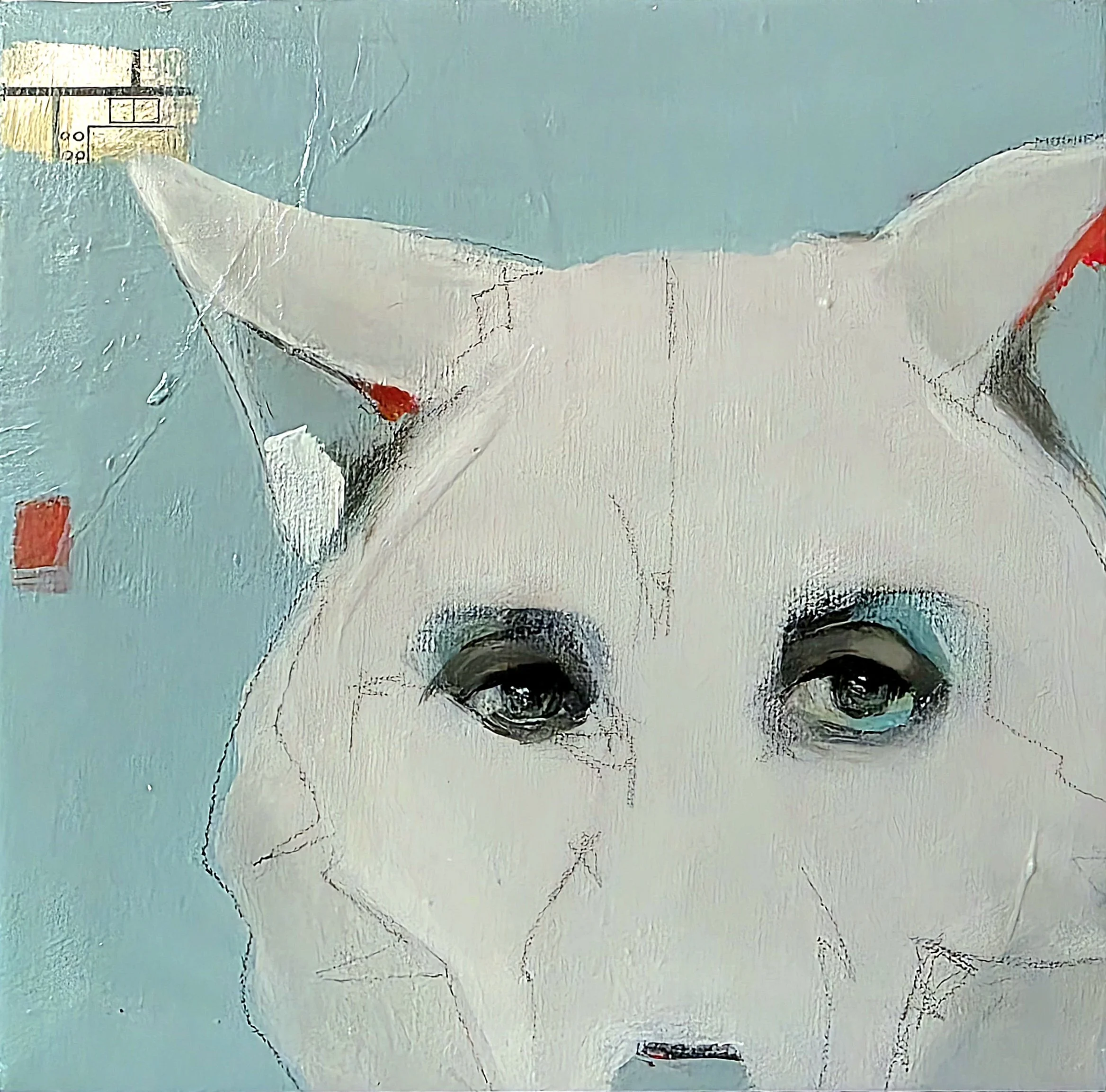 An unfinished painting of a white cat with blue shading around the eyes on a blue background, with some red and black marks and sketches visible.