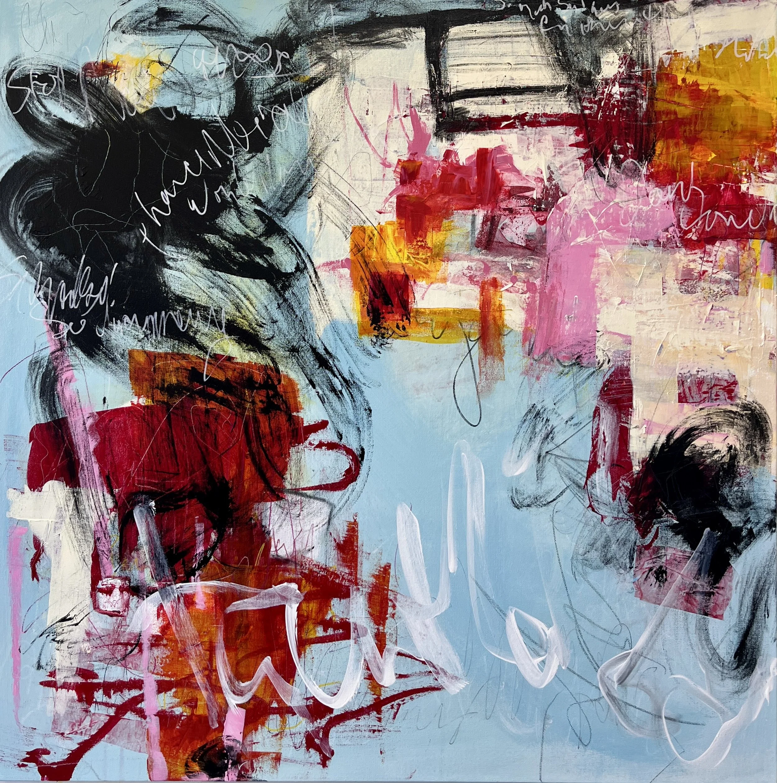 Abstract painting with vibrant splashes of pink, red, orange, and black on a light blue background, with scribbled white and black text overlay.