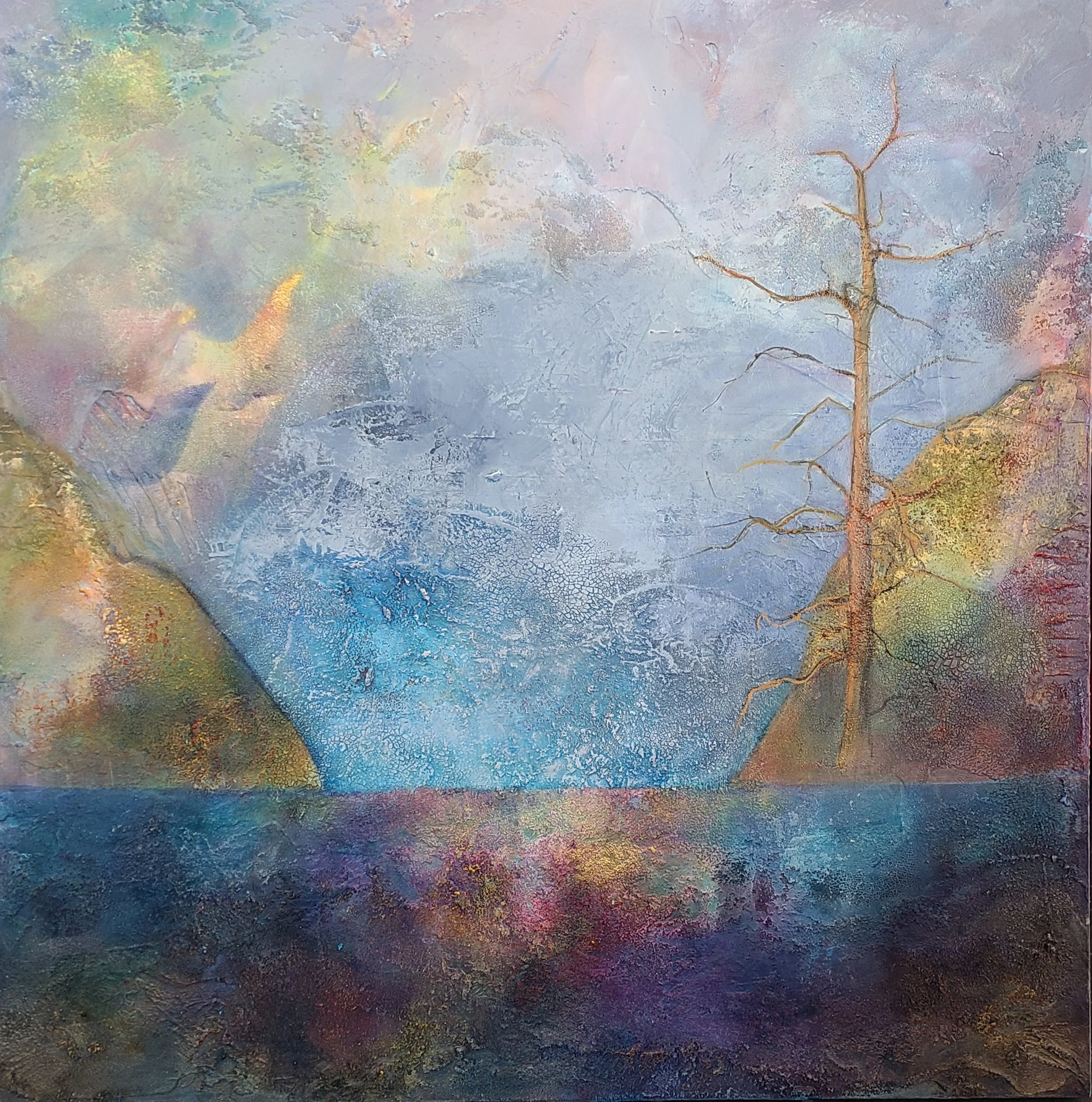 Abstract landscape painting featuring a leafless tree on the right side, mountains, and a cloudy sky with water below.