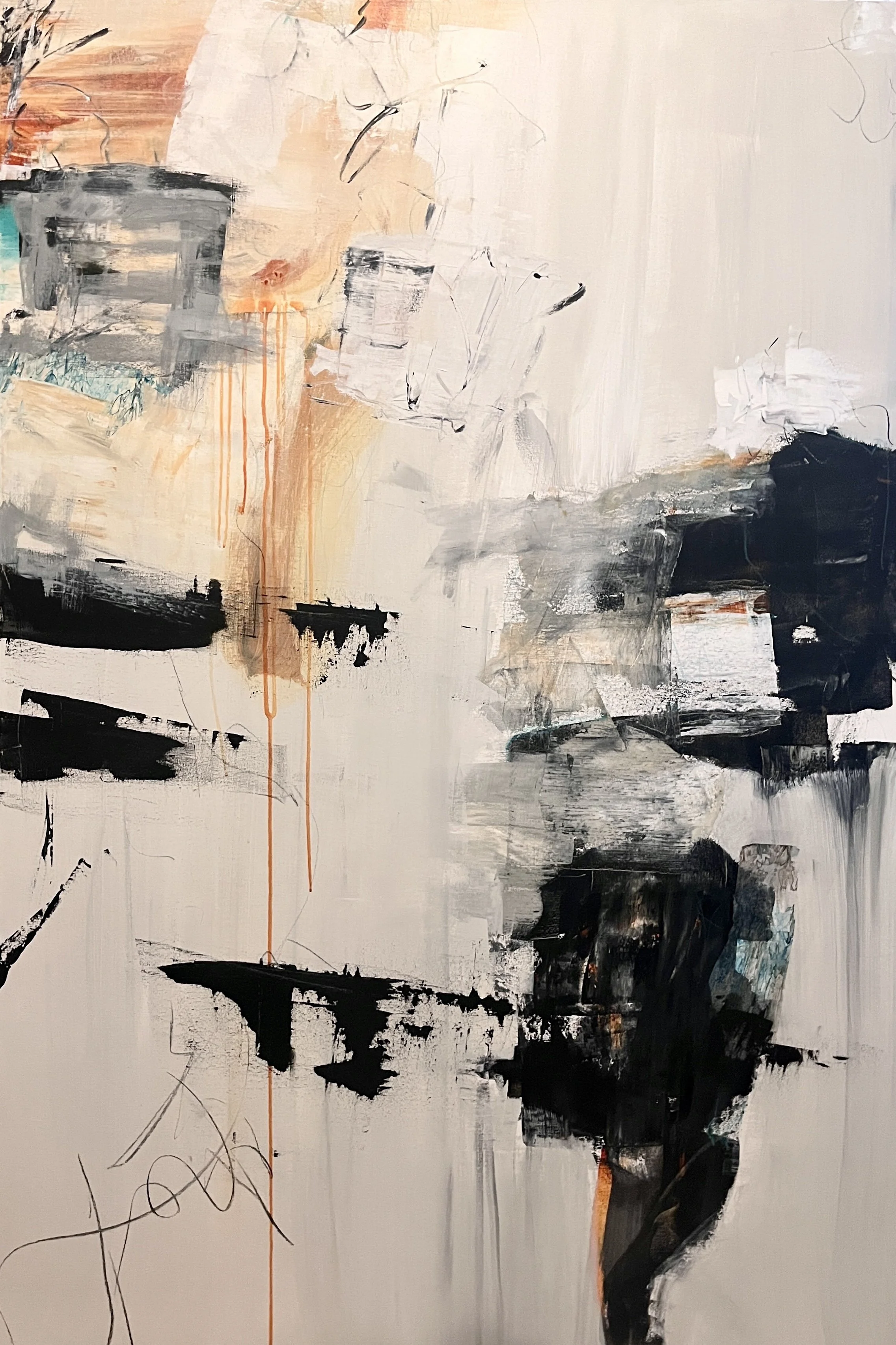Abstract painting with black, white, gray, peach, and orange brushstrokes and lines.