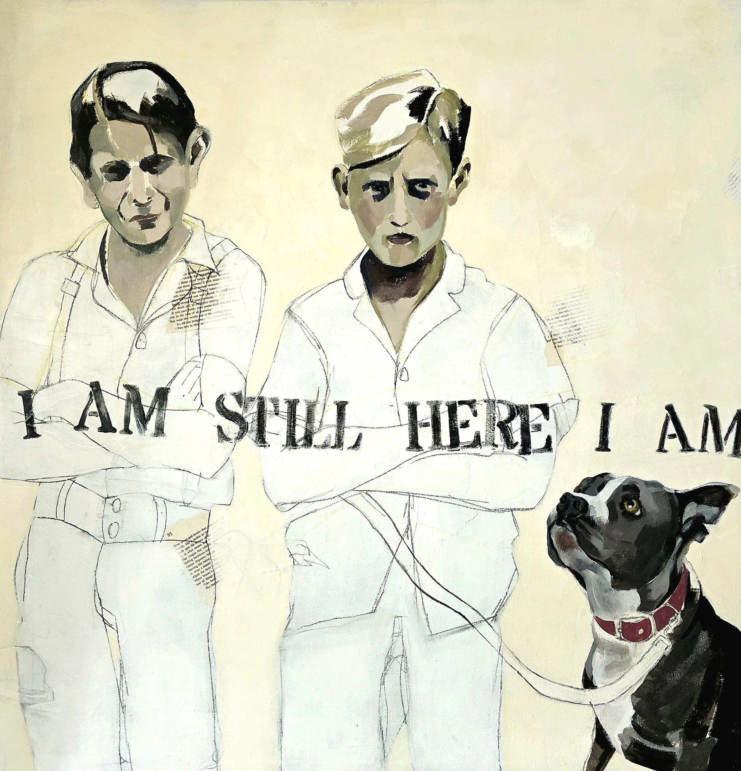 A partially completed mural of two children and a dog, with the text "I AM STILL HERE I AM" on it. The two children are wearing white shirts, and the dog is black and white with a red collar.
