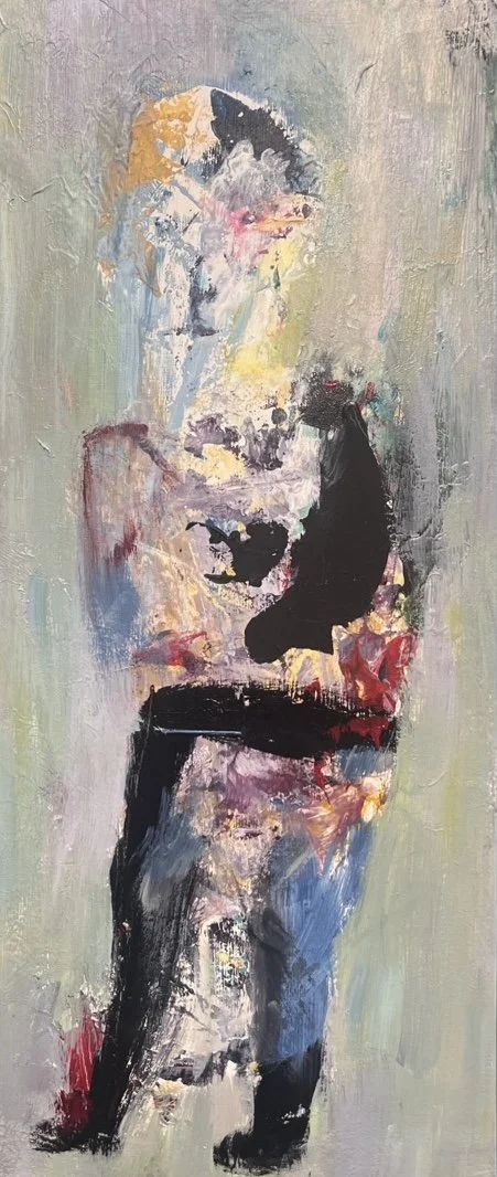 Abstract painting of a woman with short hair, wearing a red and black bra and matching underwear, depicted with bold and colorful brushstrokes.