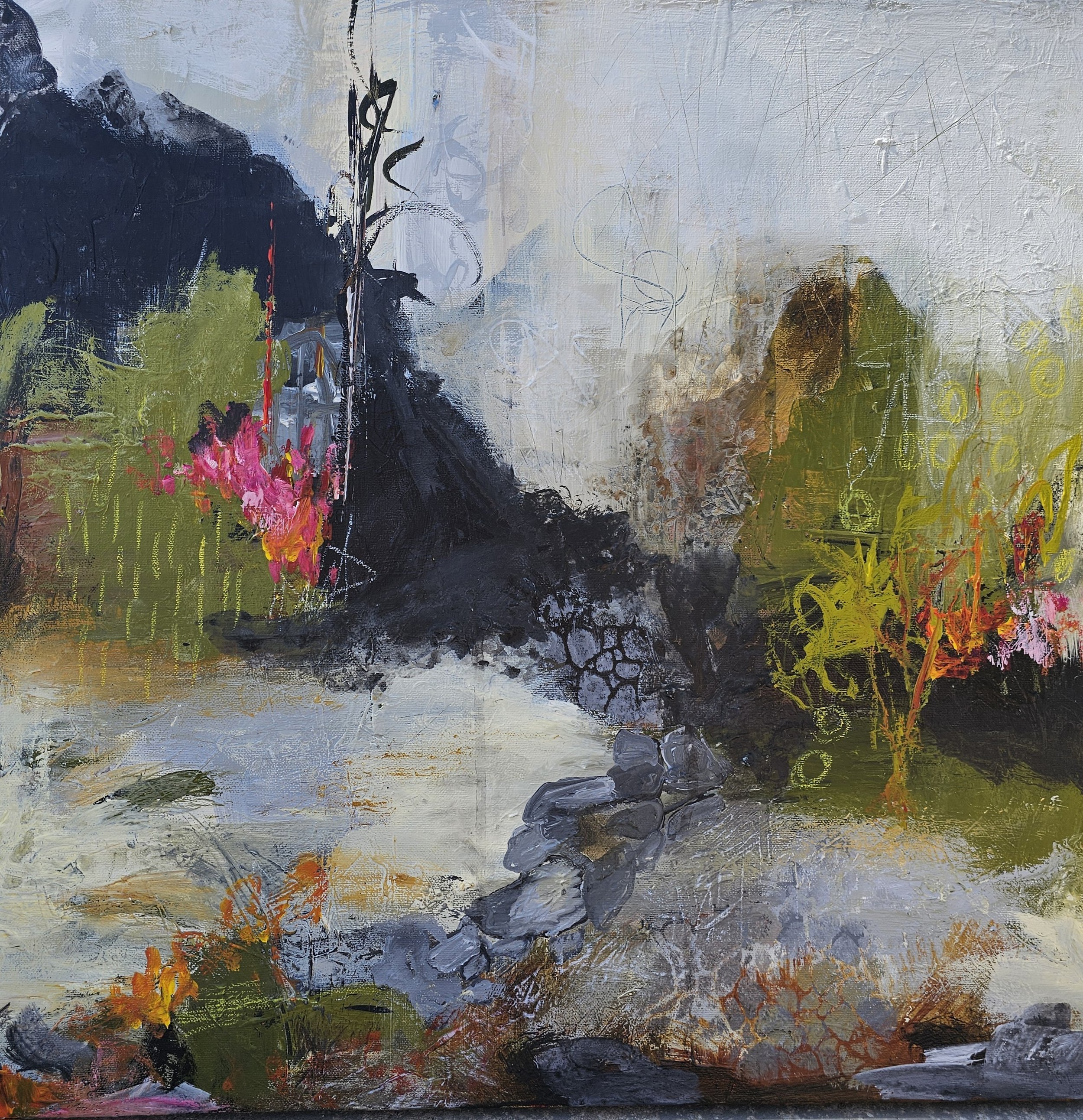 Abstract landscape painting with dark mountains, a stream with rocks, and colorful trees and foliage in vibrant pinks, greens, and yellows.