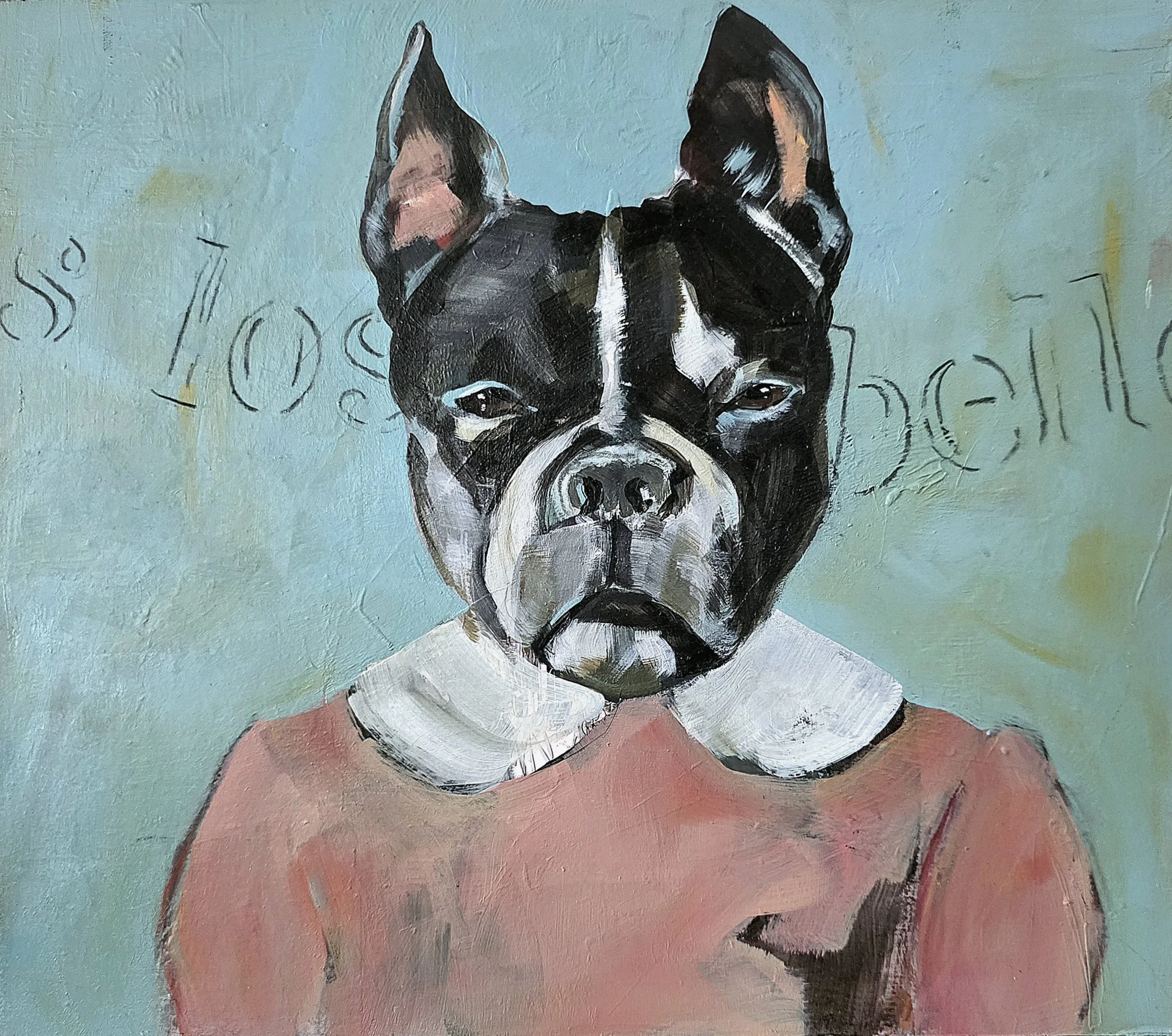 Painting of a Boston terrier dog with a serious expression, wearing a pink top and a white collar, against a light blue background.