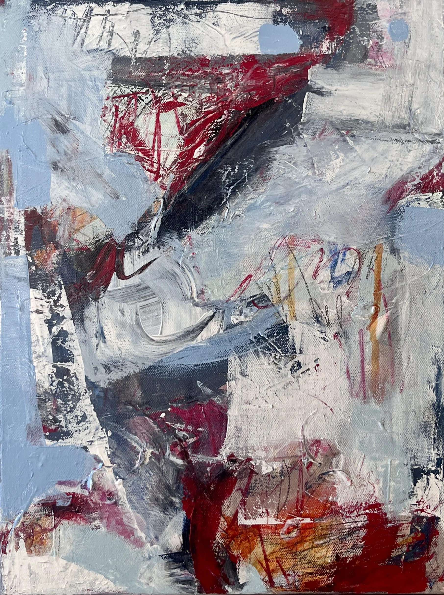 Abstract painting with bold strokes in red, black, white, blue, and orange colors.