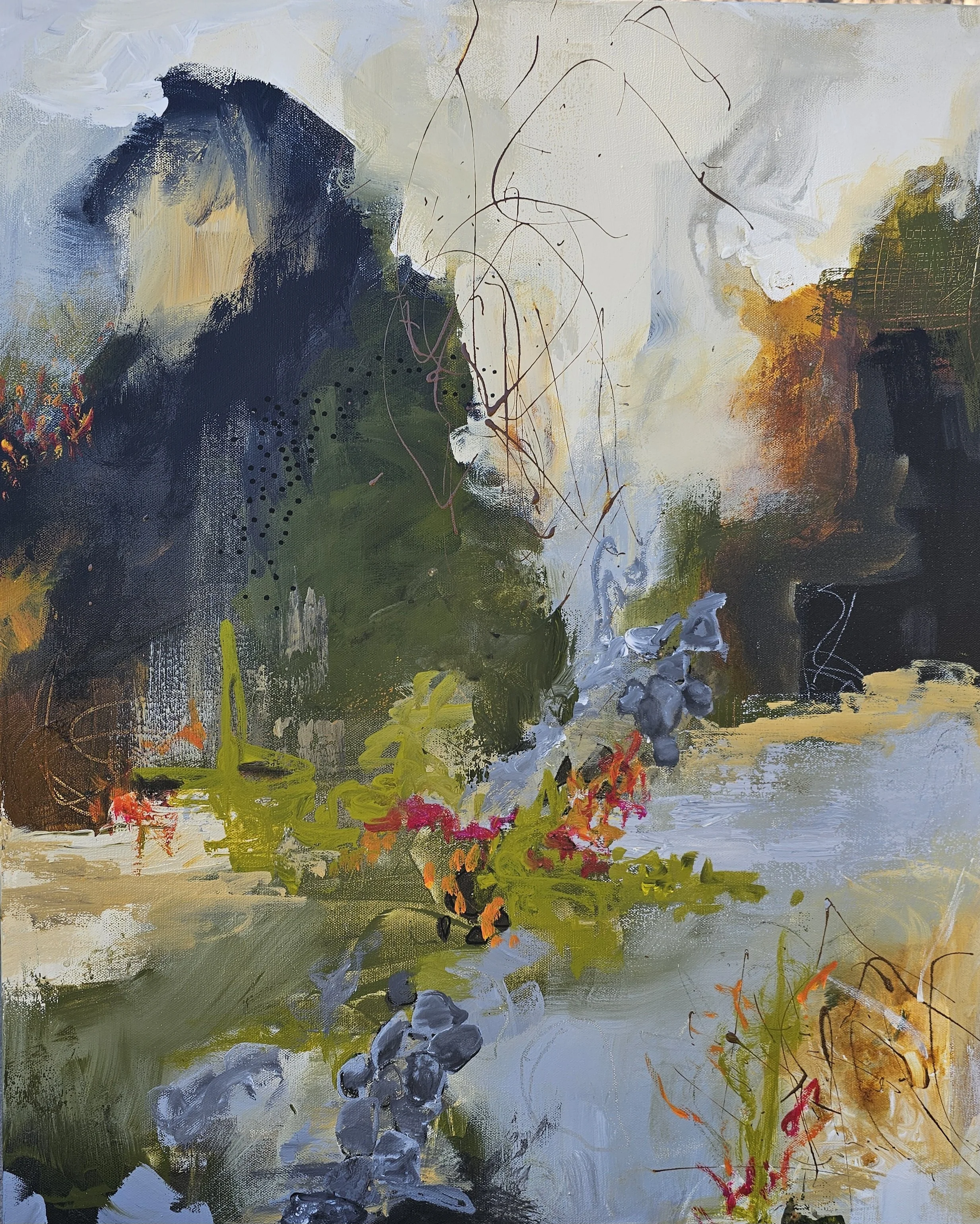 Abstract landscape painting with mountains, trees, and a lake, using bold brushstrokes and bright colors such as green, blue, orange, and pink.