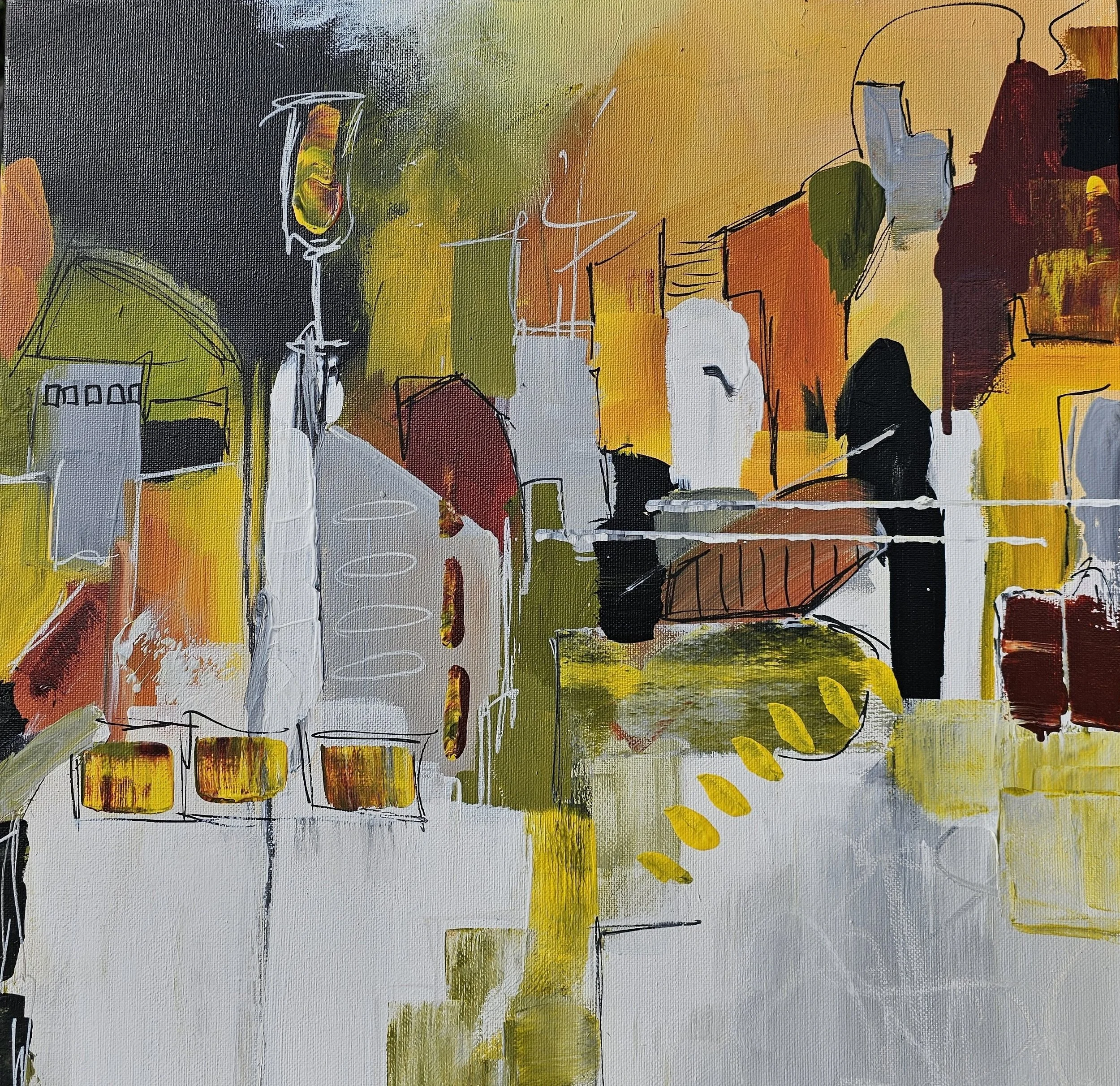 Abstract painting of a city street with buildings, traffic lights, and street markings in yellow, black, white, and earthy tones.