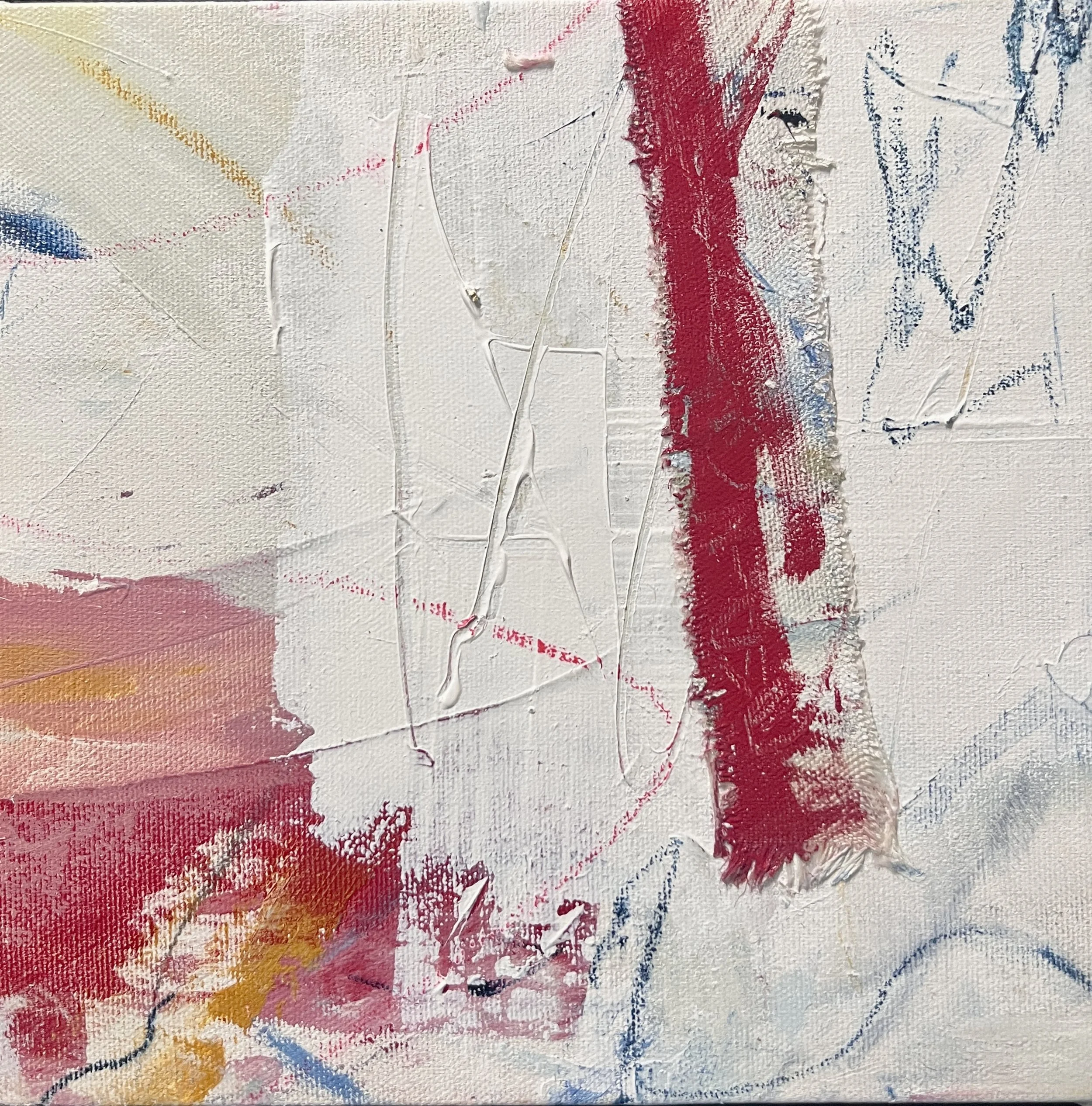 Close-up of an abstract painting with textured white background, red and yellow brushstrokes, and thin, colorful lines.