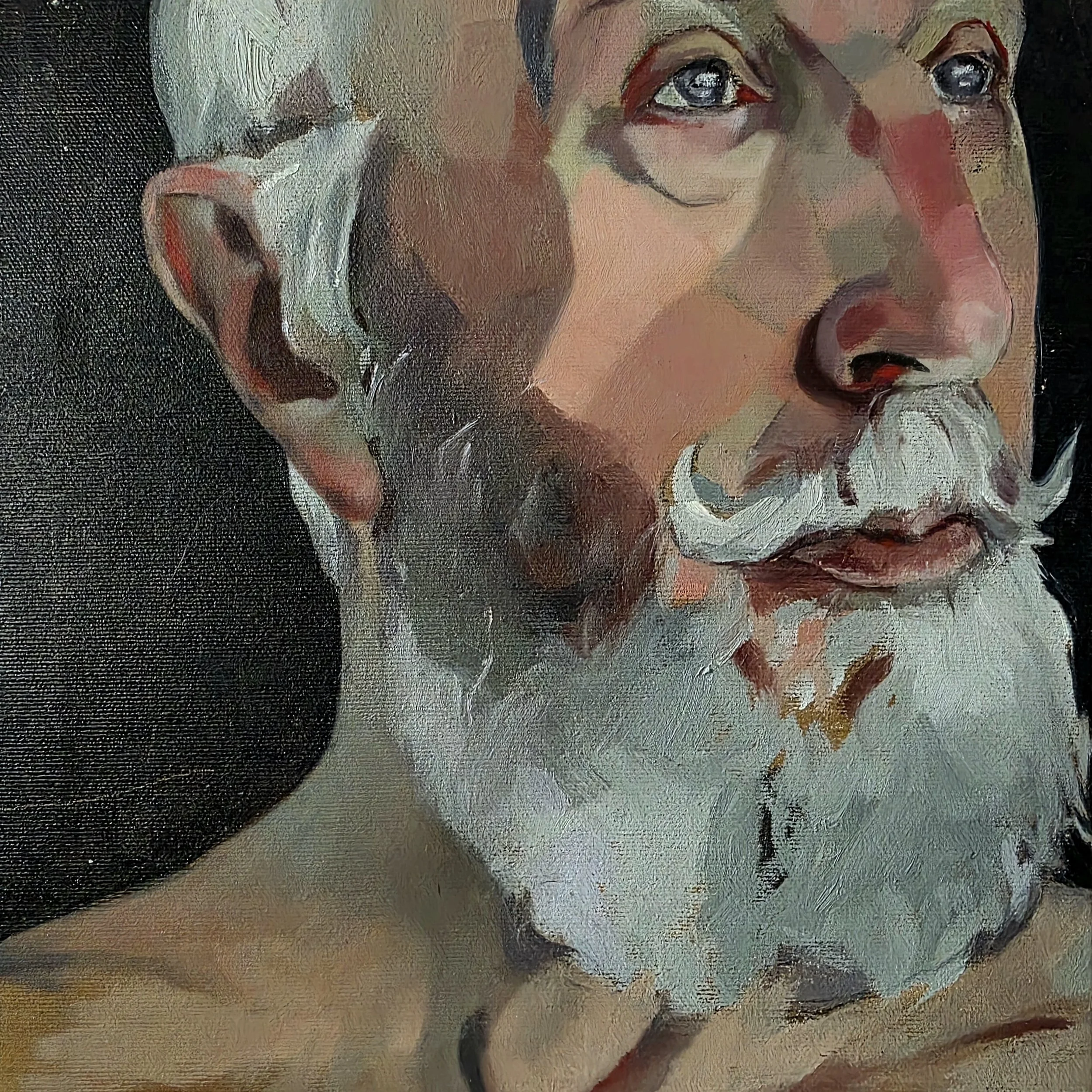 Close-up of a painted portrait of an elderly man with a white beard and mustache, blue eyes, and a contemplative expression.