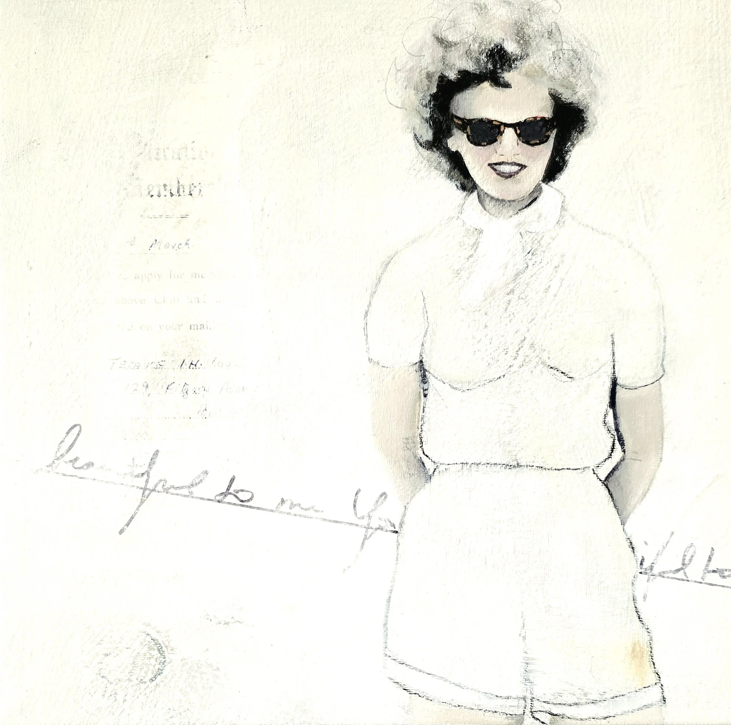 A woman with curly gray hair wearing sunglasses, a white shirt, and a light-colored skirt, standing against a light-colored wall with faint handwritten notes in the background.