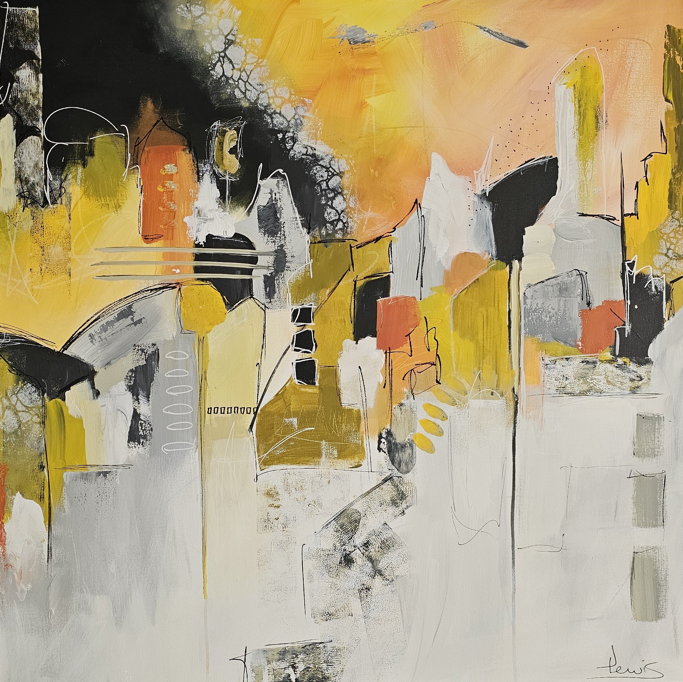 Abstract painting depicting a cityscape with buildings in shades of yellow, orange, black, white, and gray, with expressive brushstrokes and lines.