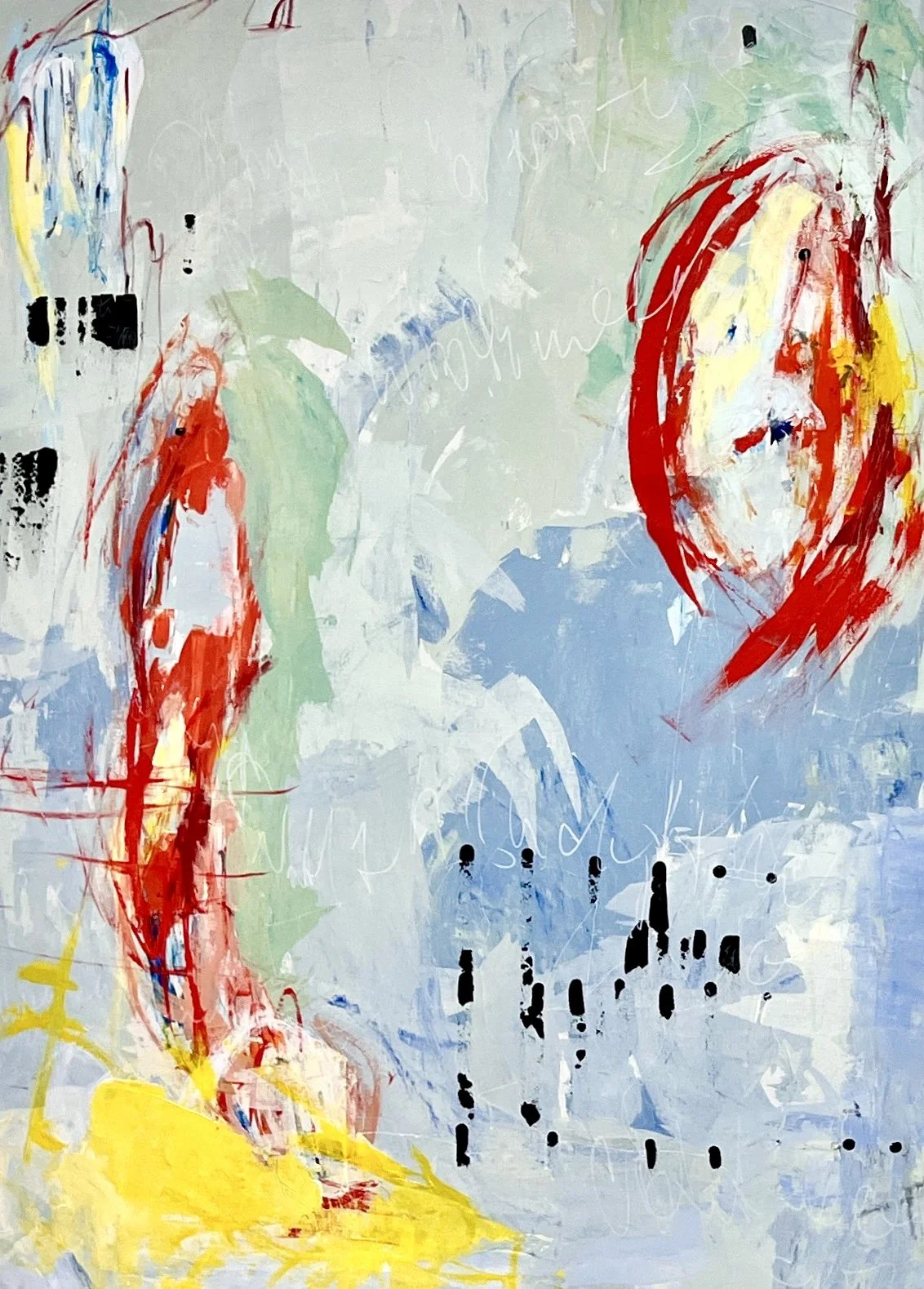 Abstract painting with splashes of red, blue, green, yellow, and black on a light background.