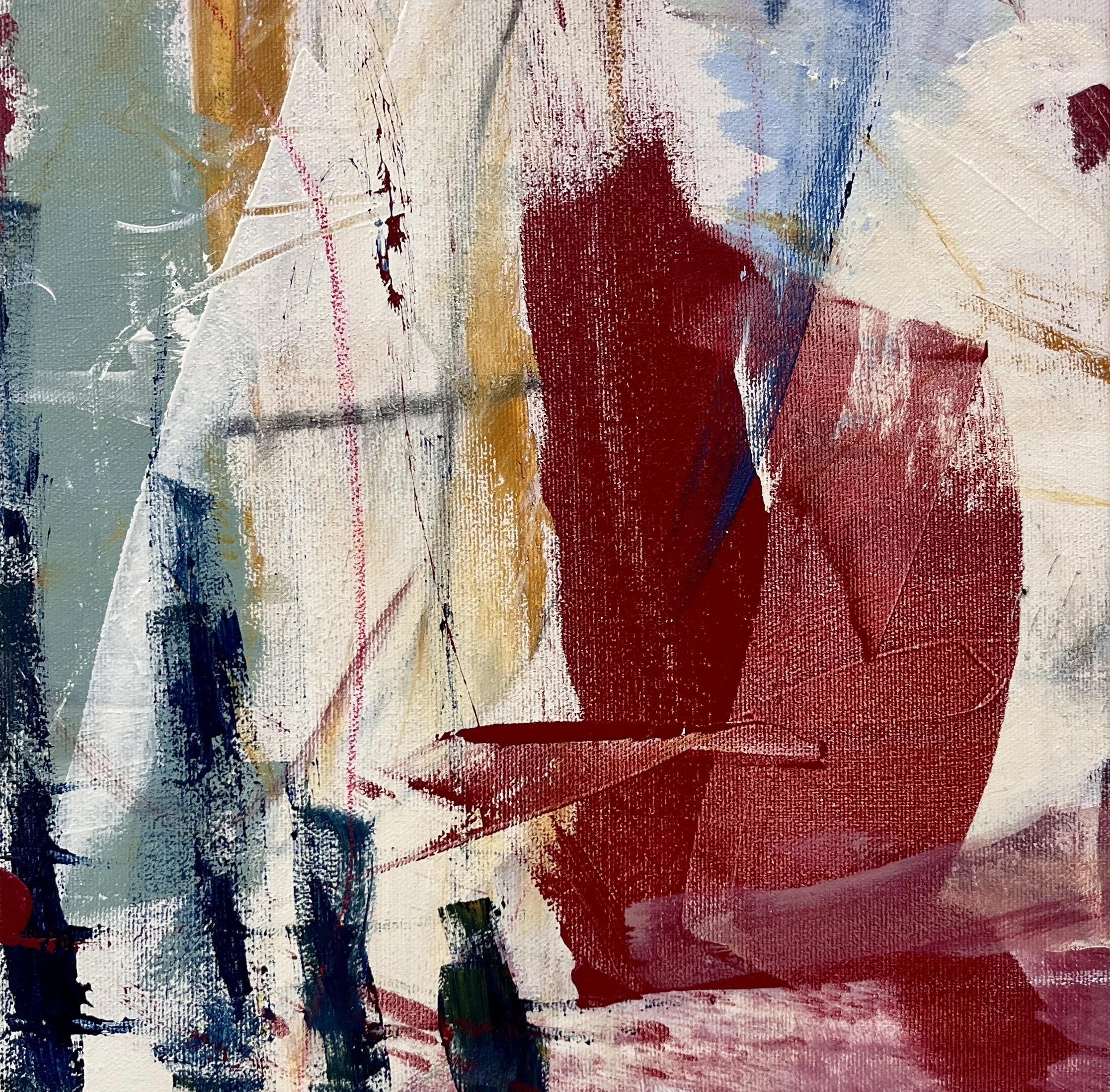 An abstract painting with prominent red, blue, white, and yellow brushstrokes and textures.