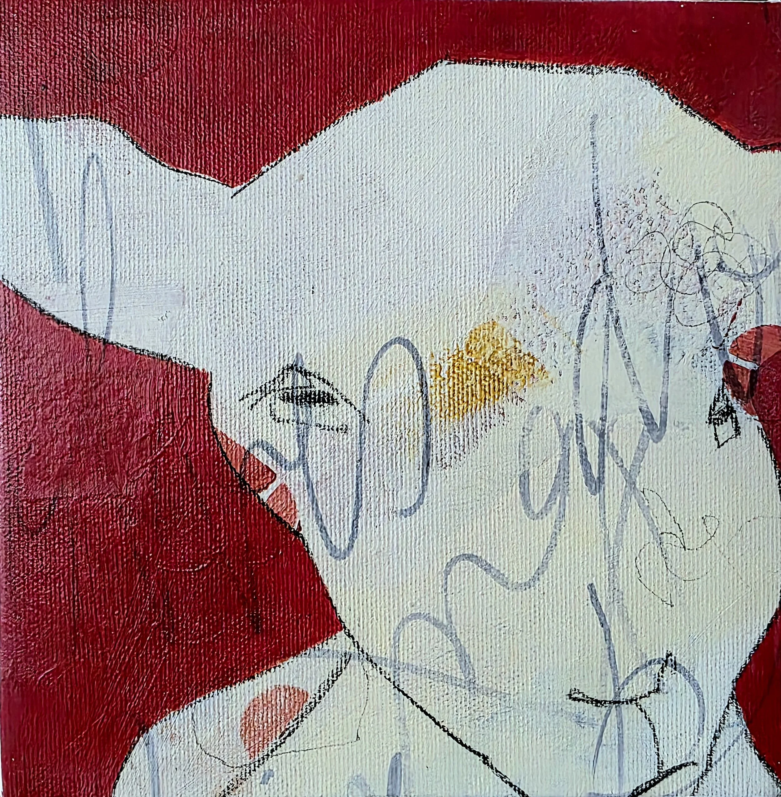 Abstract painting with red, white, and yellow colors, featuring scribbles and textured brushstrokes.