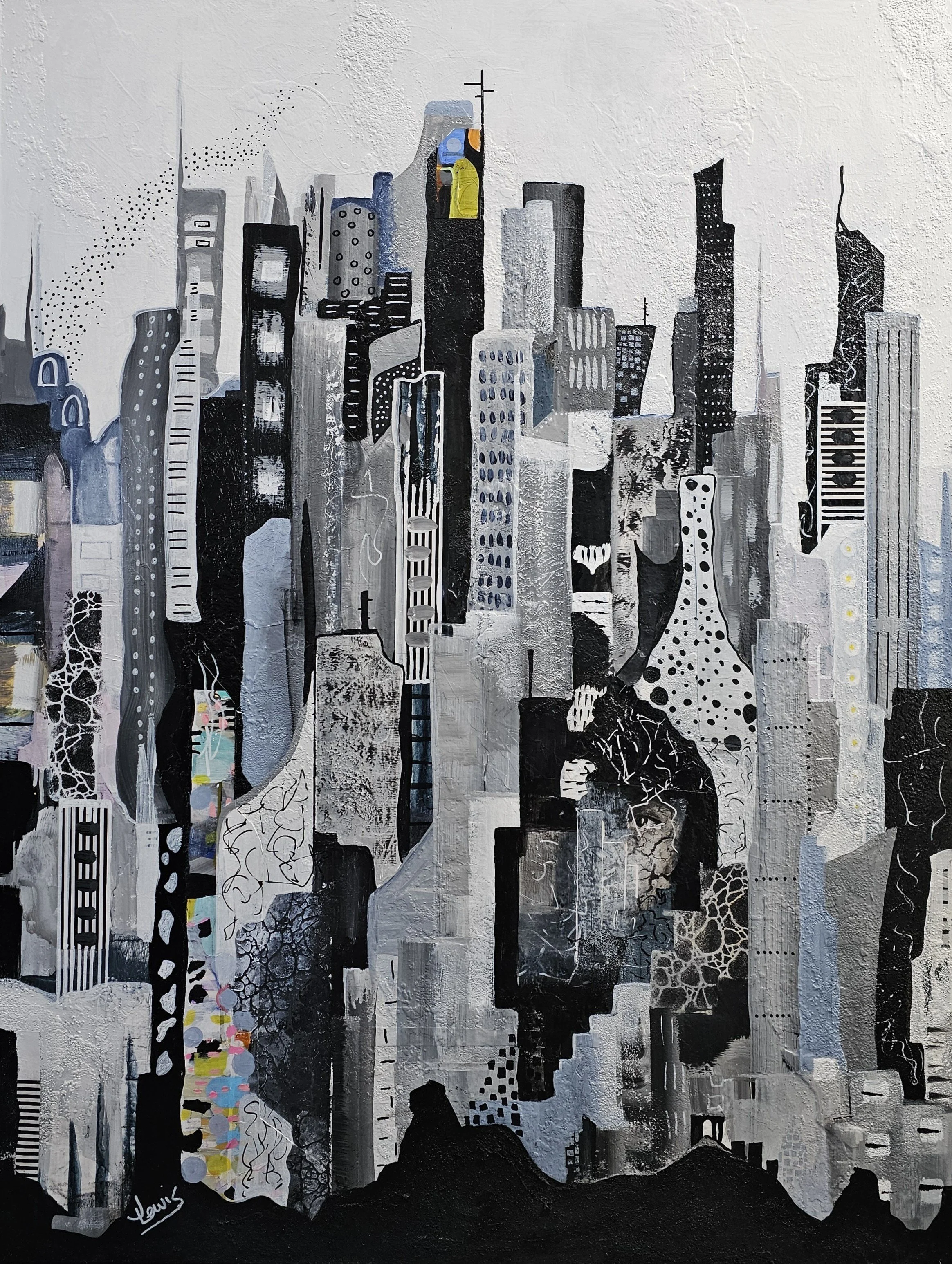 Abstract painting of a city skyline in black, white, and gray with some touches of color.