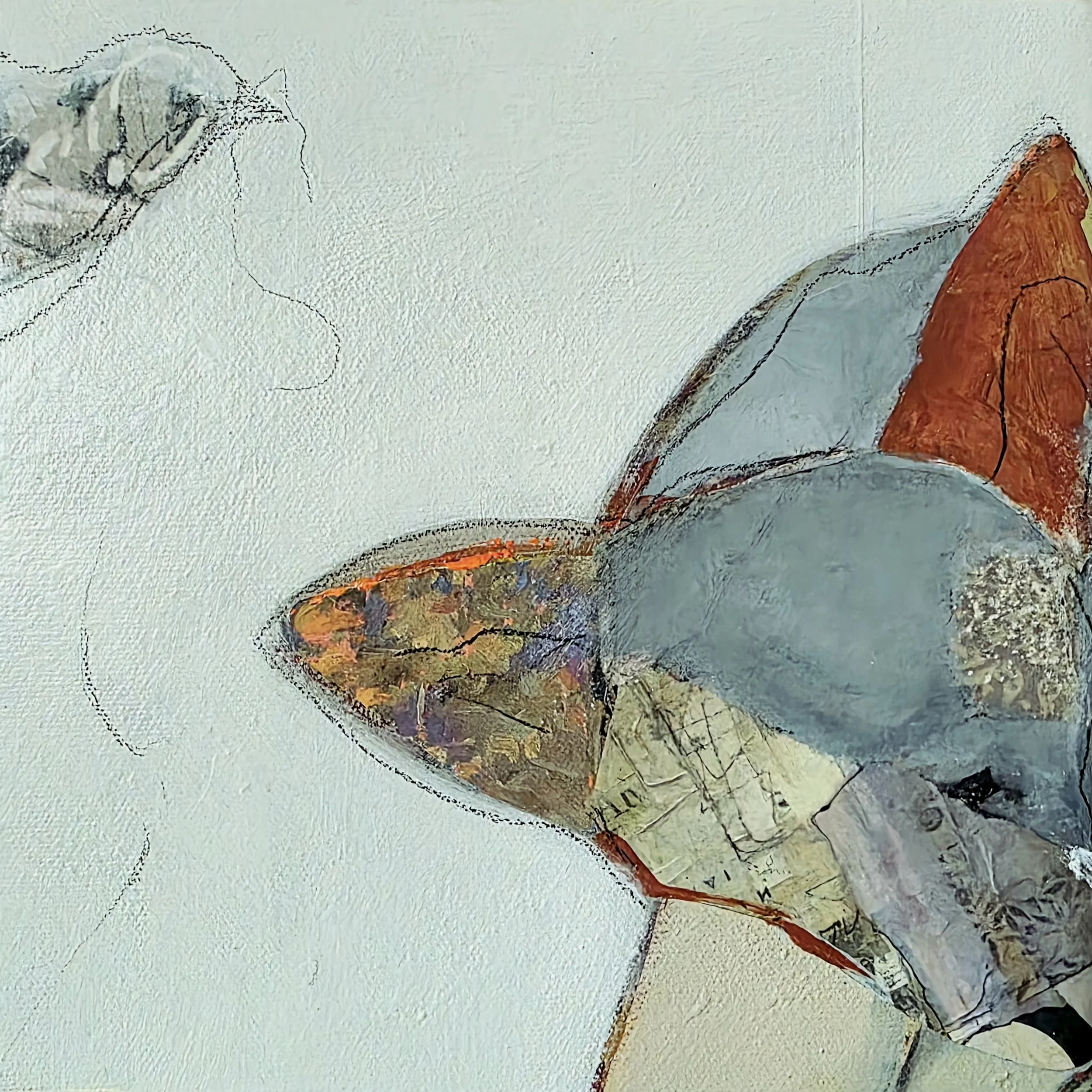 Mixed media art piece featuring abstract shapes and fragmented paper elements with muted earthy tones, including shades of blue, orange, and beige, on a textured white background.