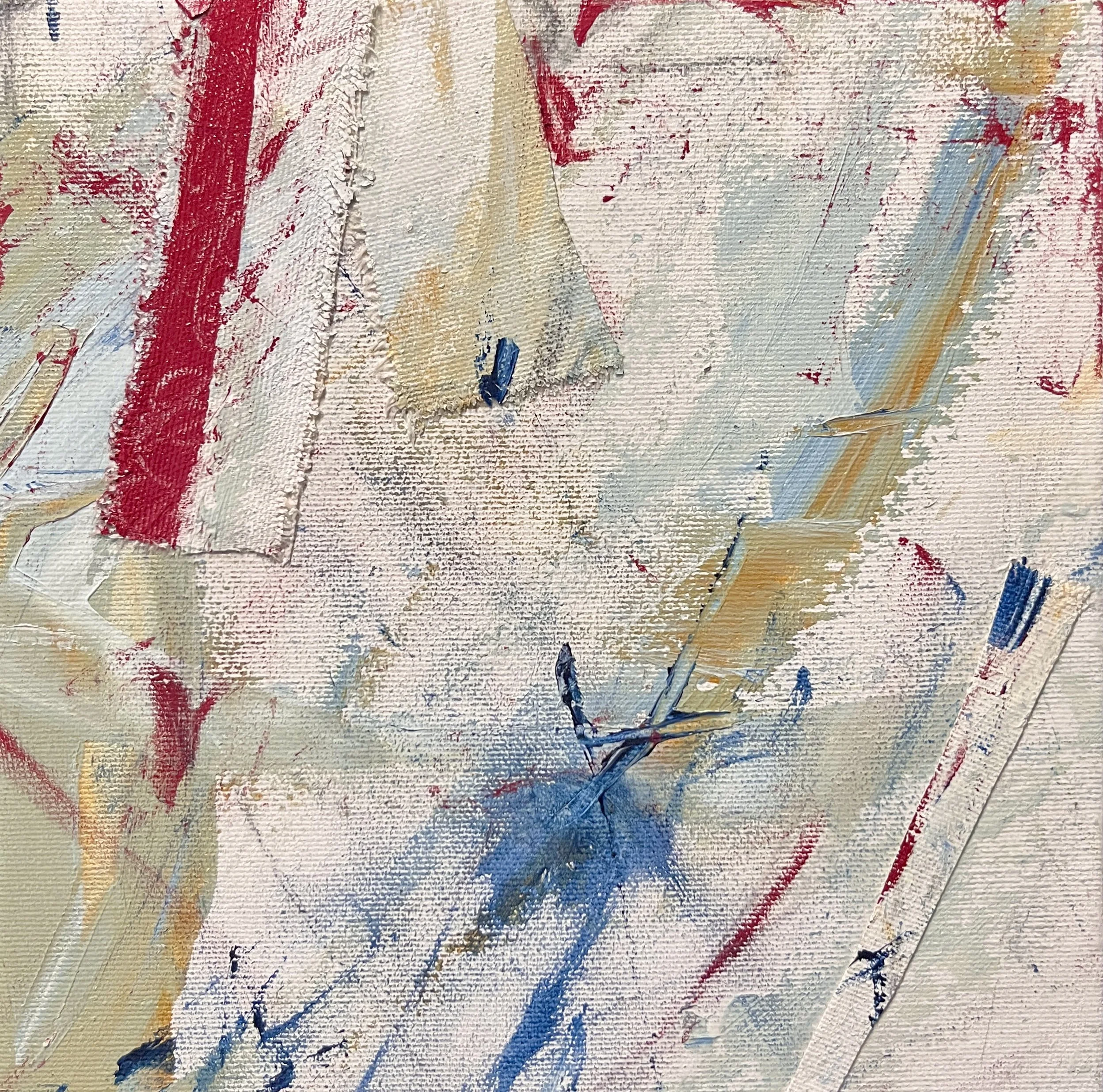 Close-up of an abstract oil painting with textured brushstrokes, featuring beige, red, blue, and hints of yellow colors.