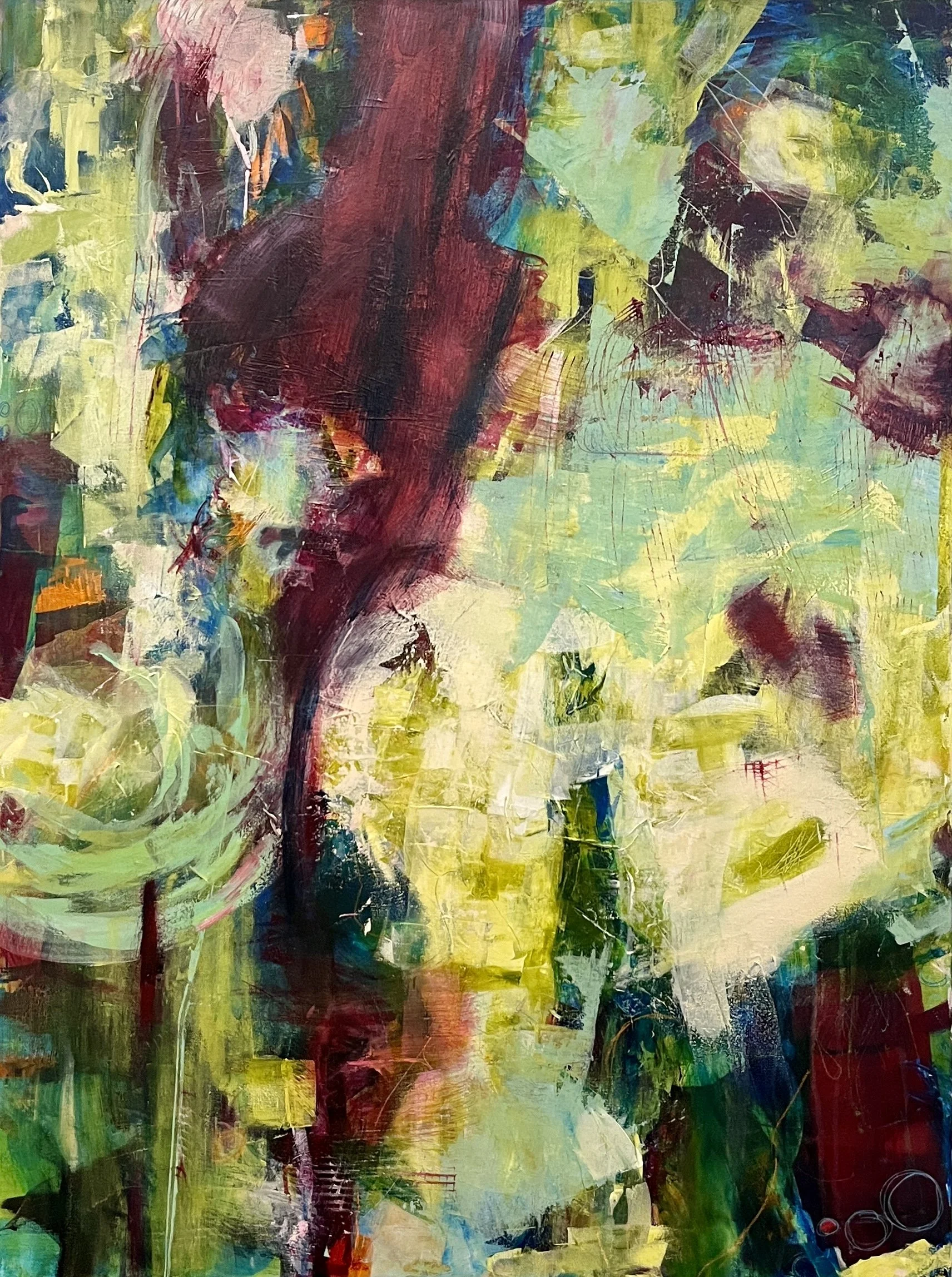 An abstract painting with bold, vibrant colors including red, yellow, green, blue, and black, featuring layered brushstrokes and textures.