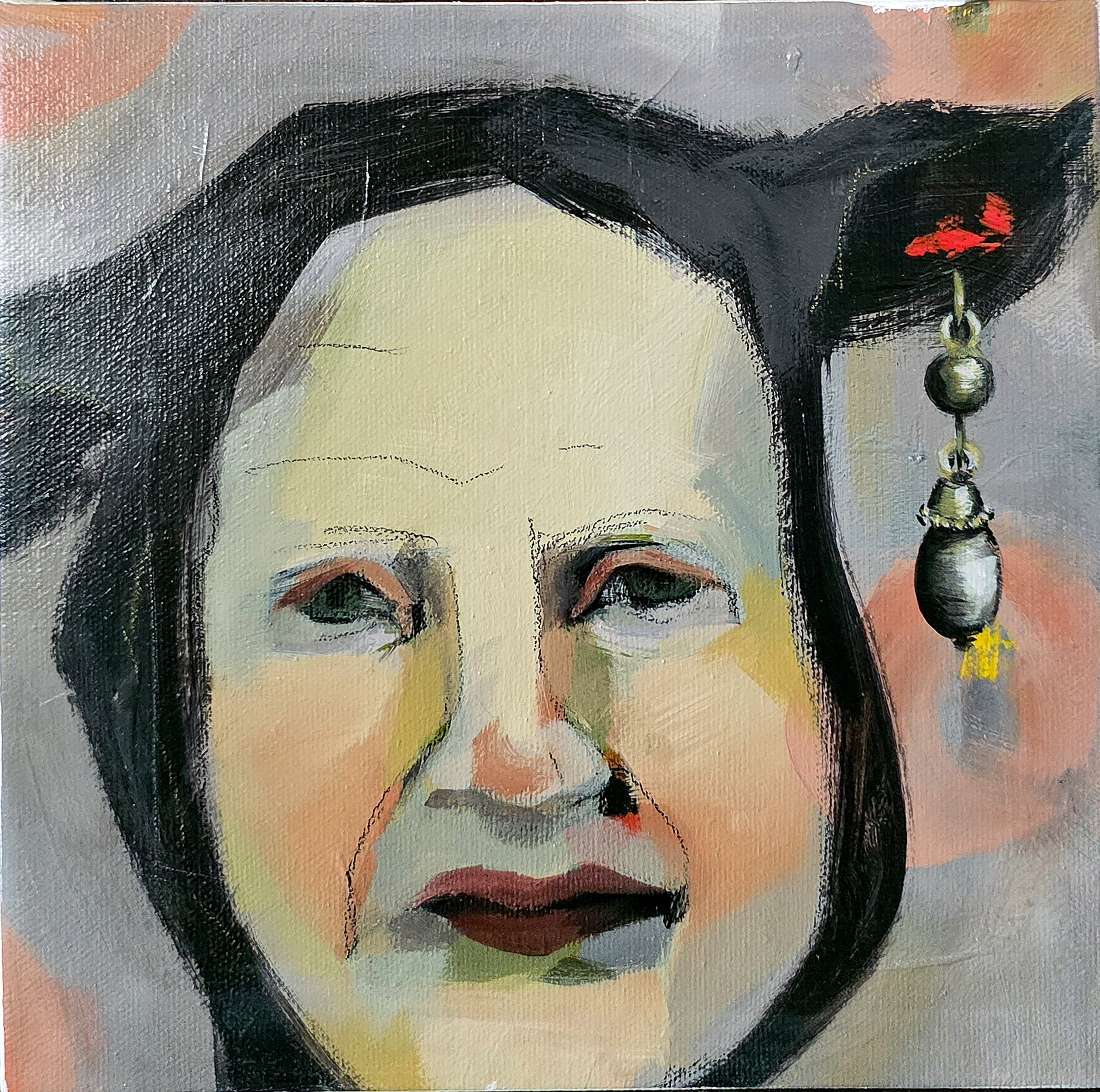 Painting of a woman's face with black hair, green eyes, and makeup, wearing a large earring with beads and red accents.