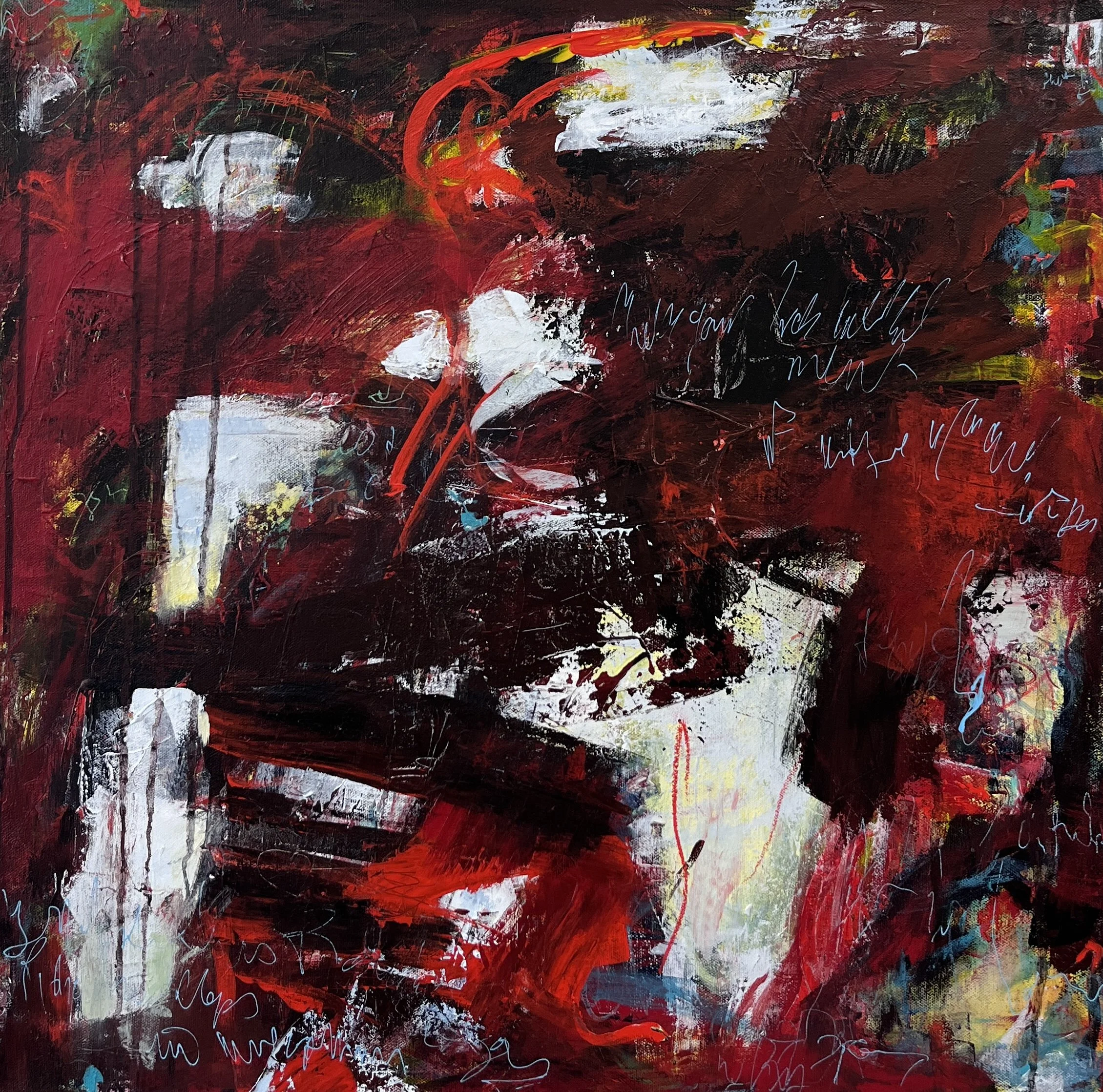 Abstract painting with predominantly red, black, and white colors, featuring chaotic brush strokes, splashes, and scribbled text.
