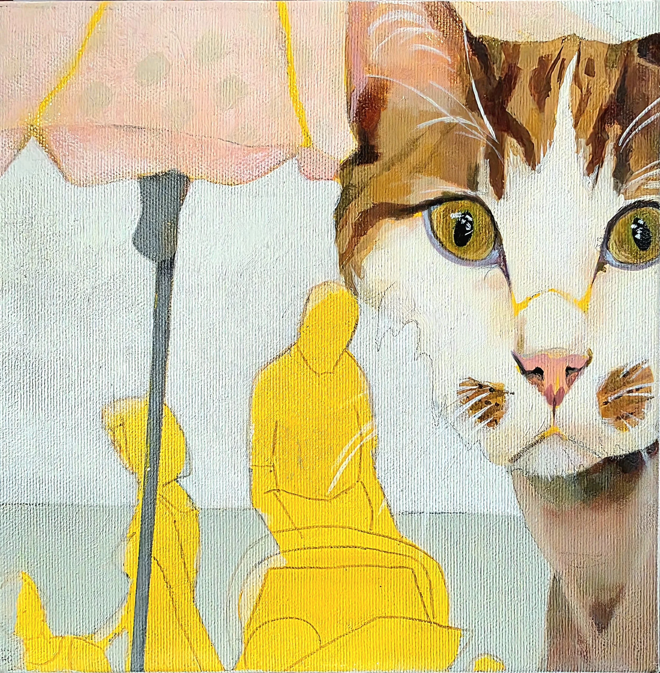 Close-up of a painting of a cat with large yellow eyes, pink nose, and brown and white fur, holding a yellow umbrella with a yellow raincoat, on a light background.