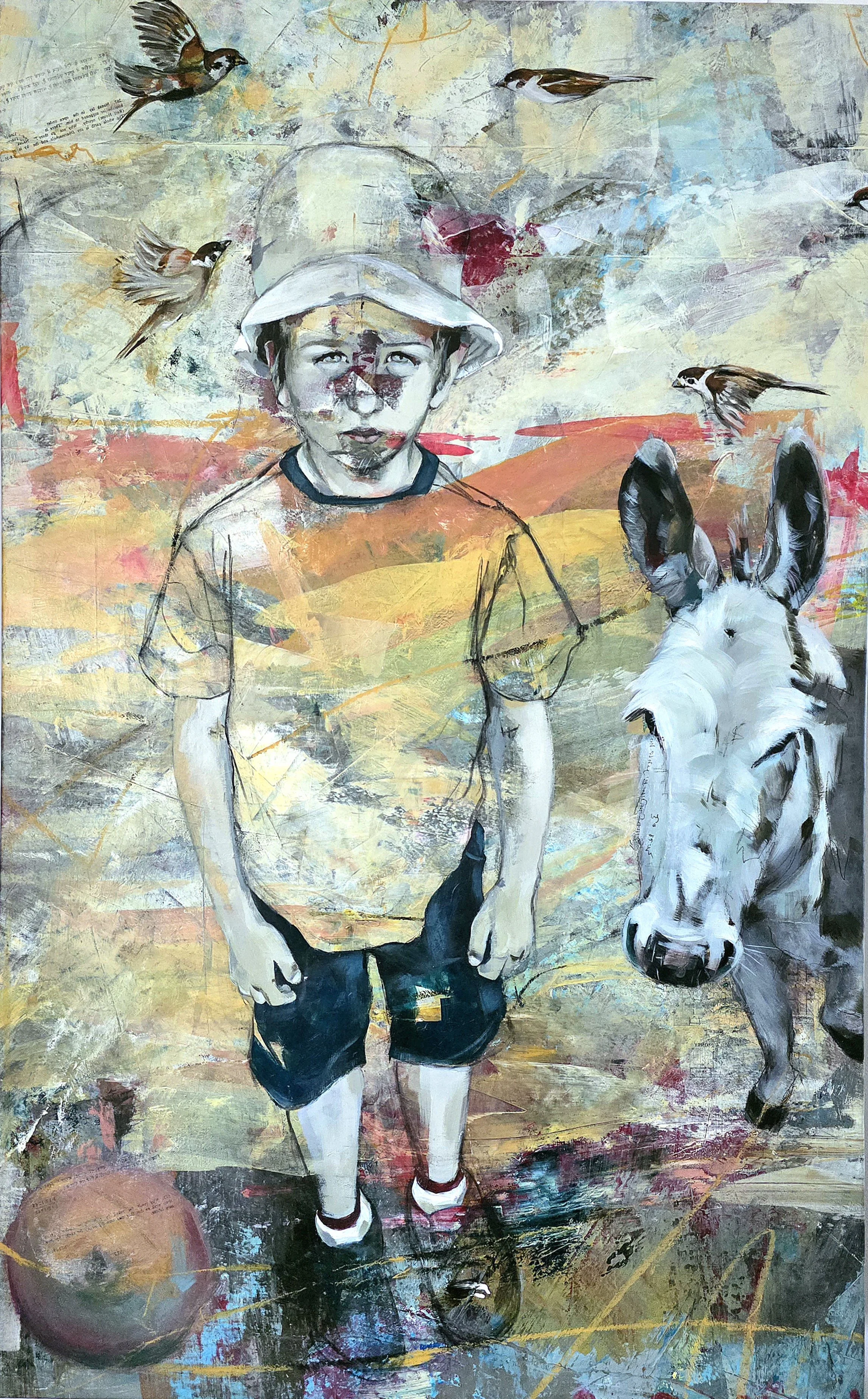 An abstract painting of a young boy wearing a hat, standing next to a white donkey with black markings, with birds flying in the sky and a pumpkin on the ground.