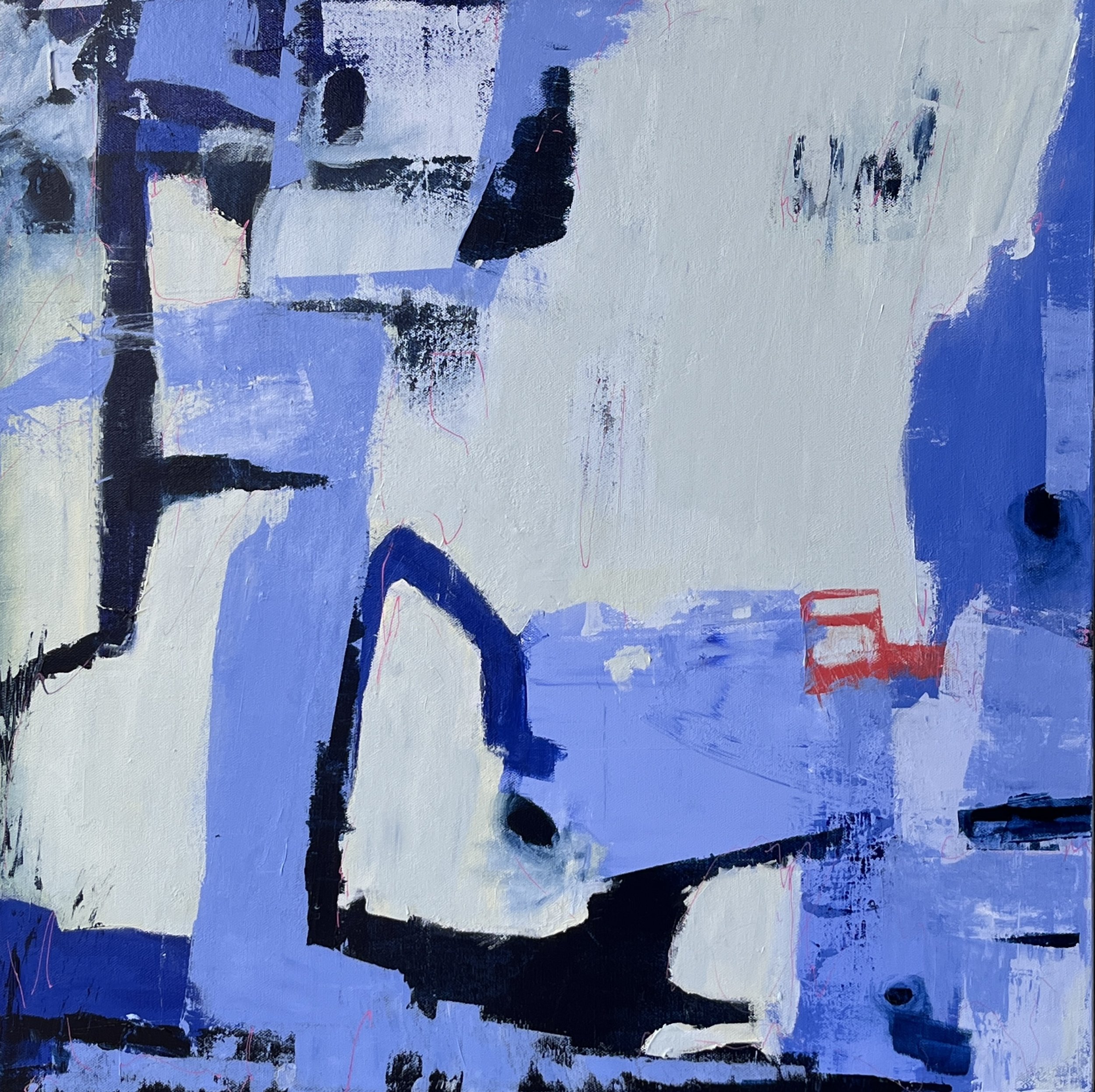 Abstract painting with various shades of blue, black, white, and small accents of red and pink.