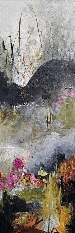 Abstract painting featuring mountainous terrain, colorful foliage, and expressive brushstrokes with a mix of dark and bright colors.