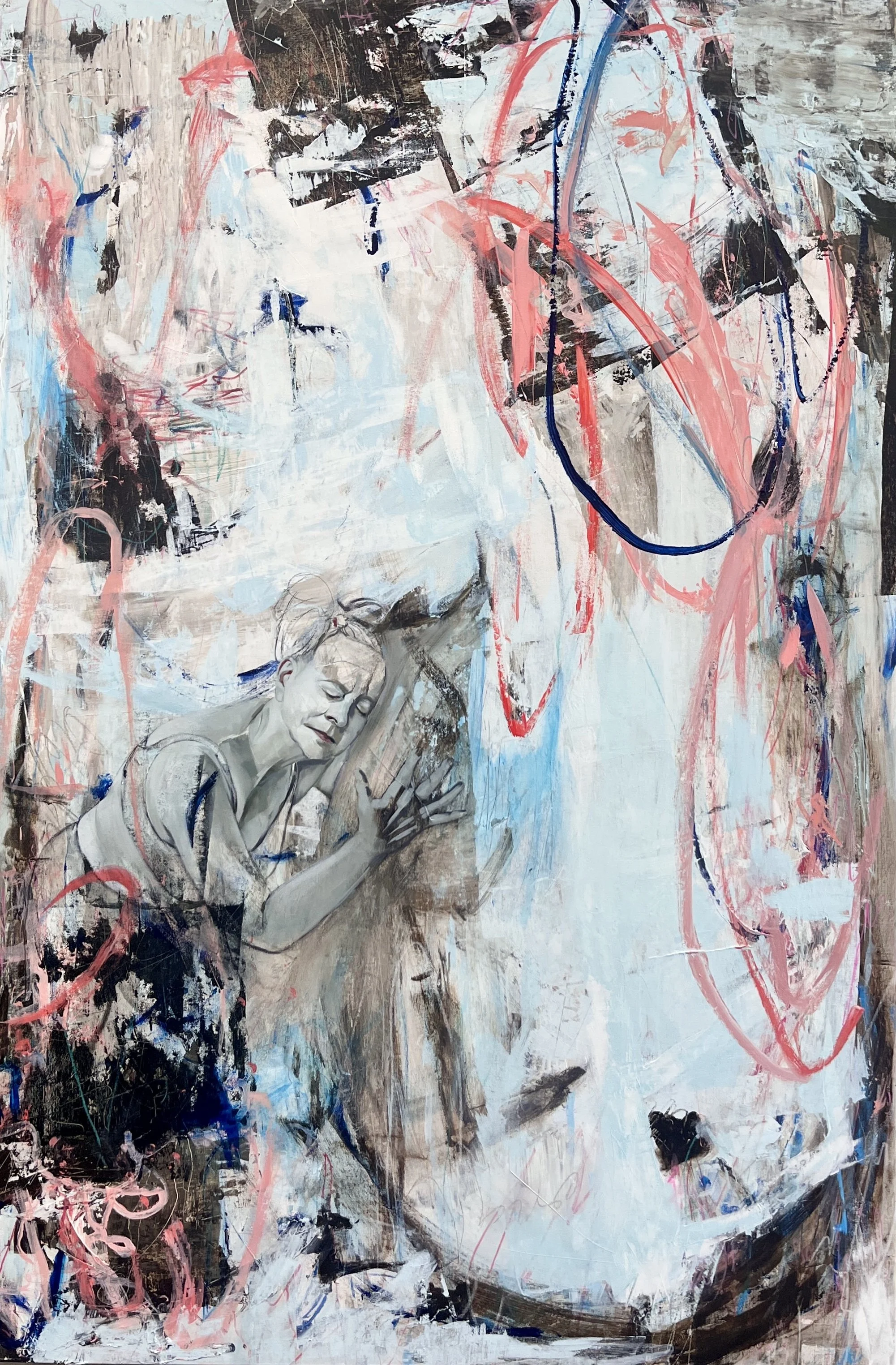 Mixed media artwork featuring a realistic grayscale portrait of a woman with eyes closed and hand on her face, set against an abstract background with chaotic splashes of black, pink, blue, and brown paint, and expressive brushstrokes.