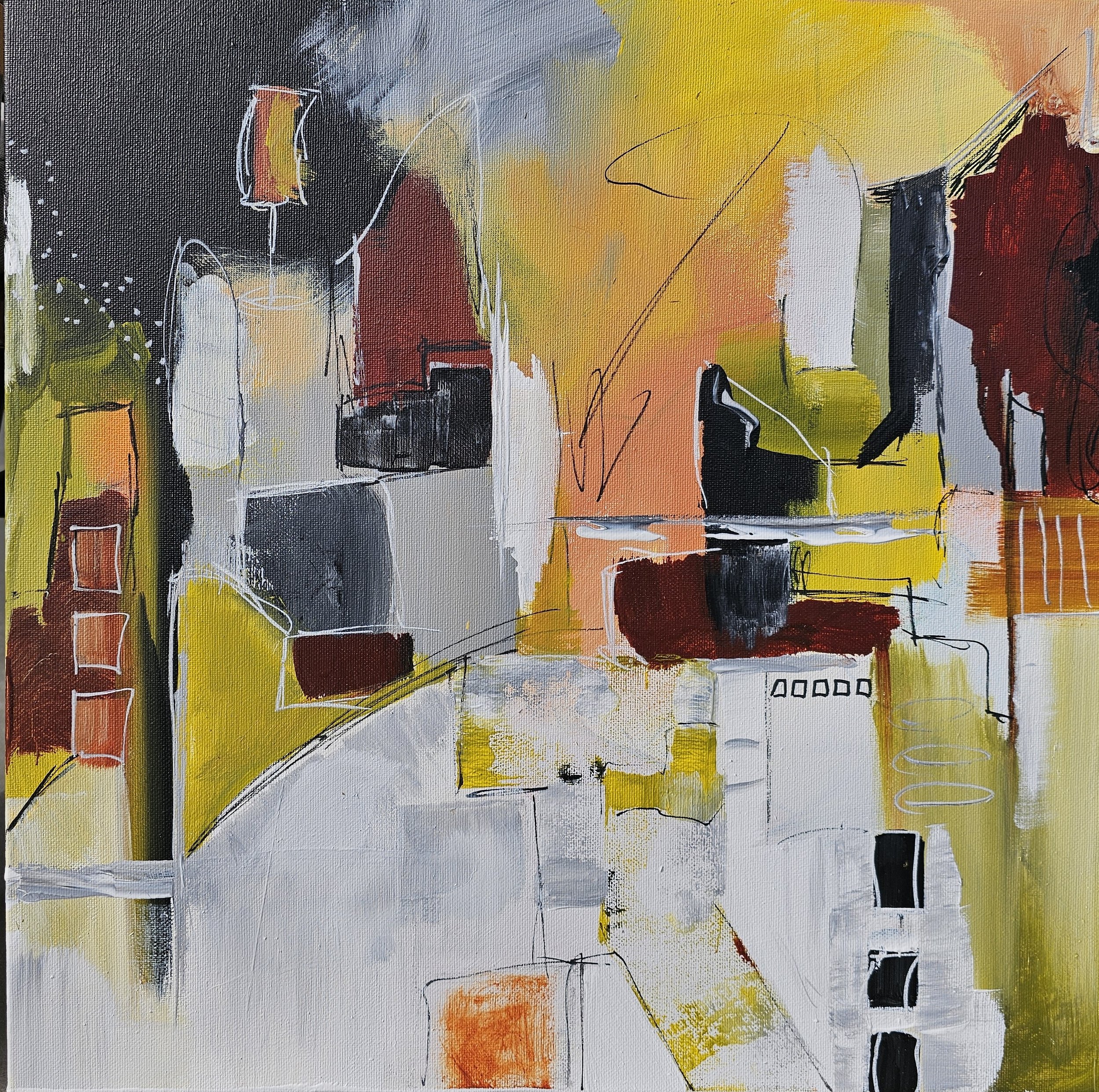 Abstract colorful painting with geometric shapes and lines, predominantly in yellow, white, black, brown, and orange hues.