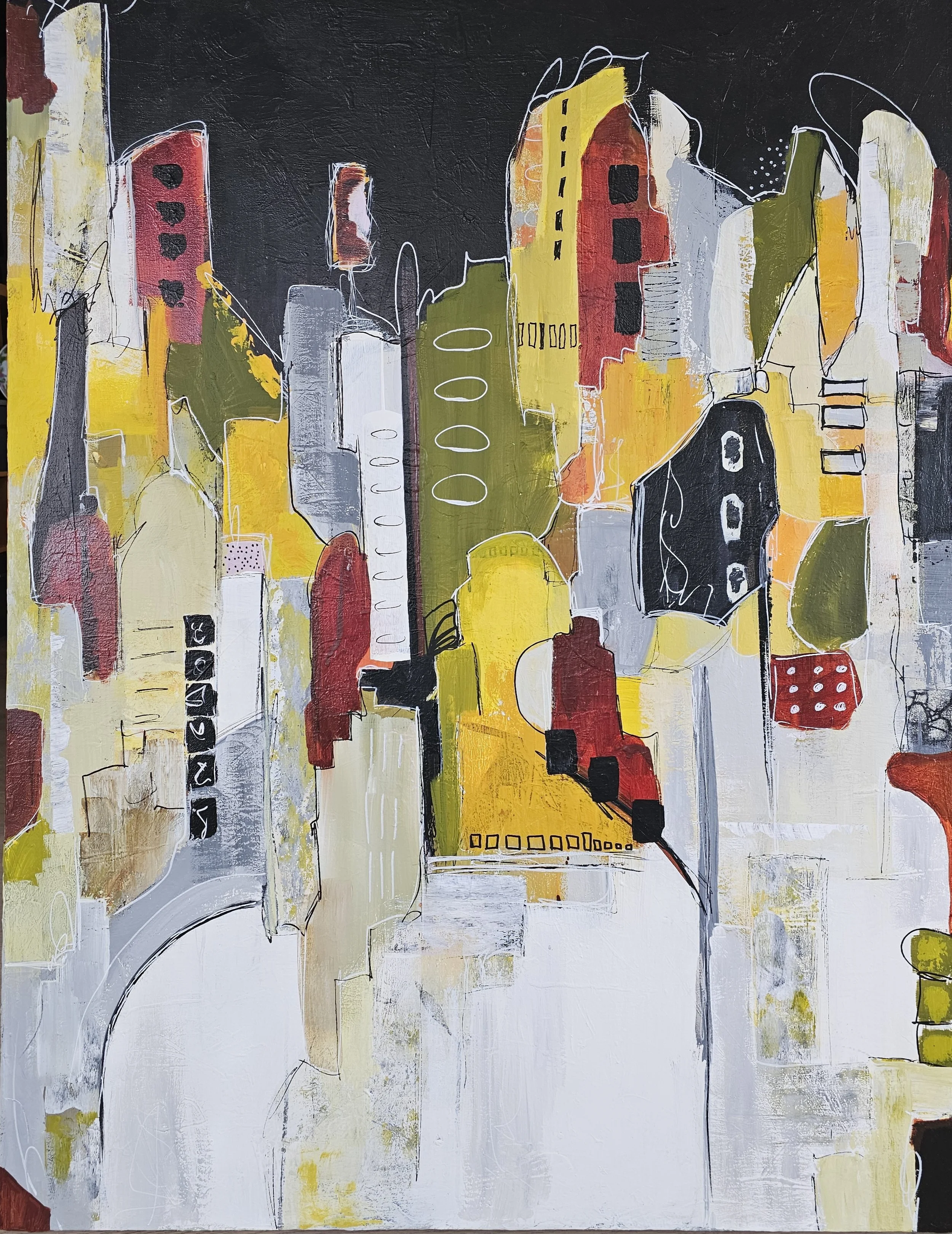 Abstract cityscape painting with colorful buildings, streets, and foreground, using bold yellow, red, black, white, and green colors.