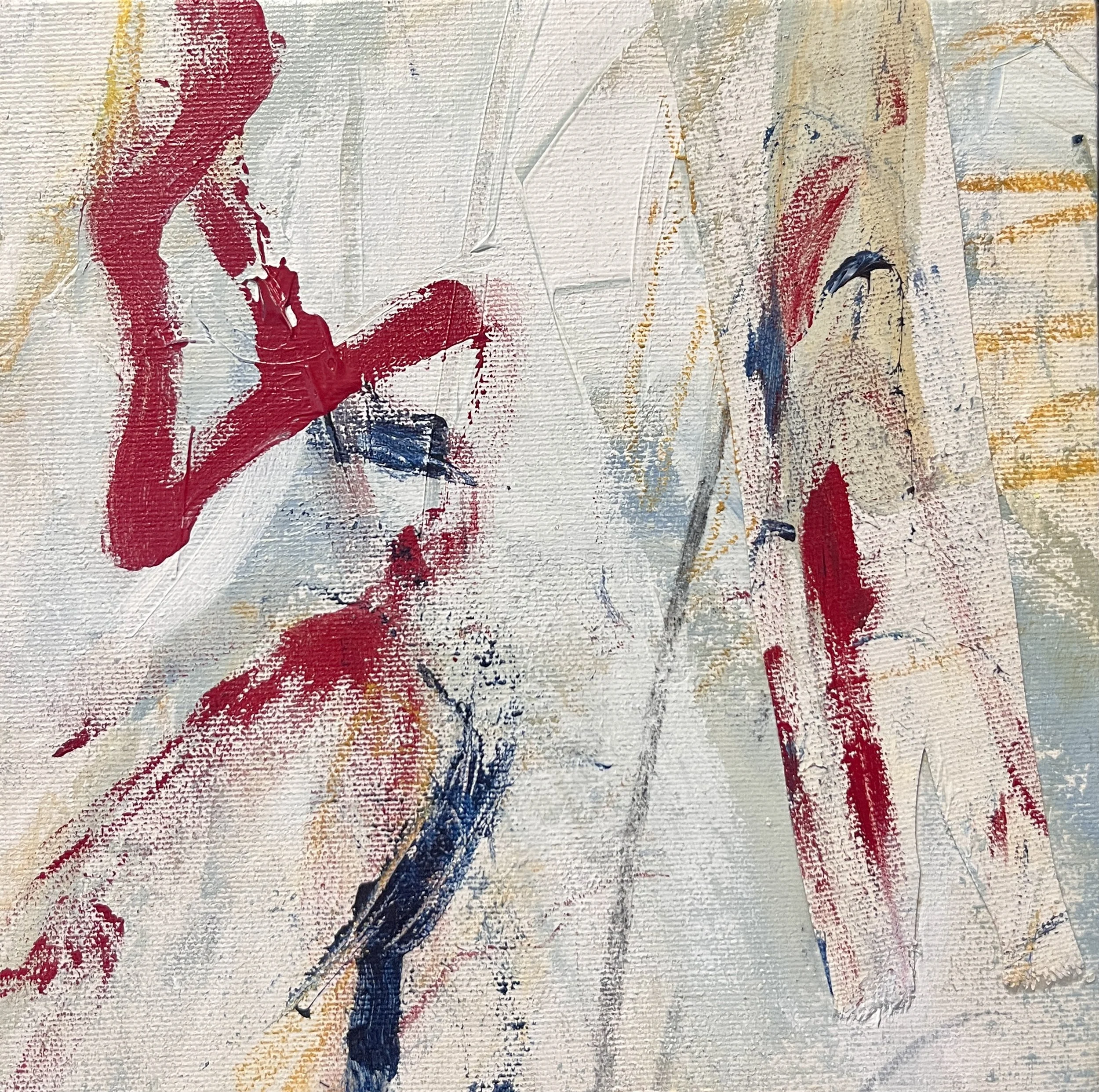 Abstract painting with bold red, blue, black, and gold brushstrokes on a textured white canvas.