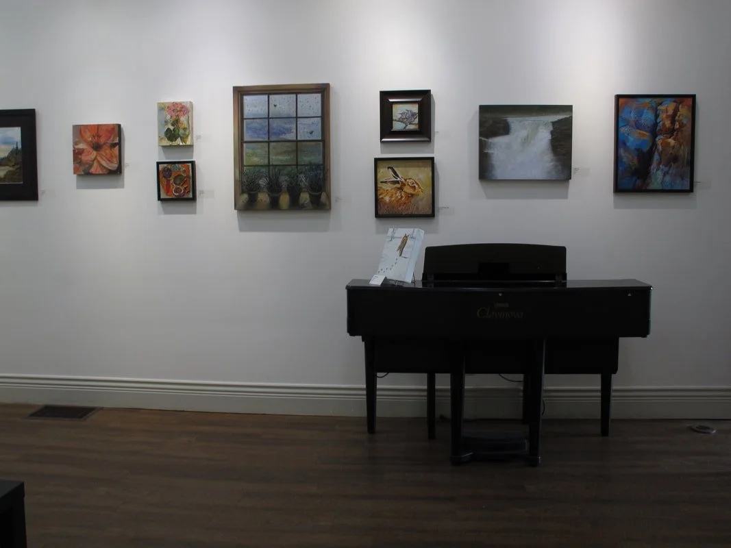 An art gallery wall with various framed paintings, a window with potted plants, and a black piano in front.