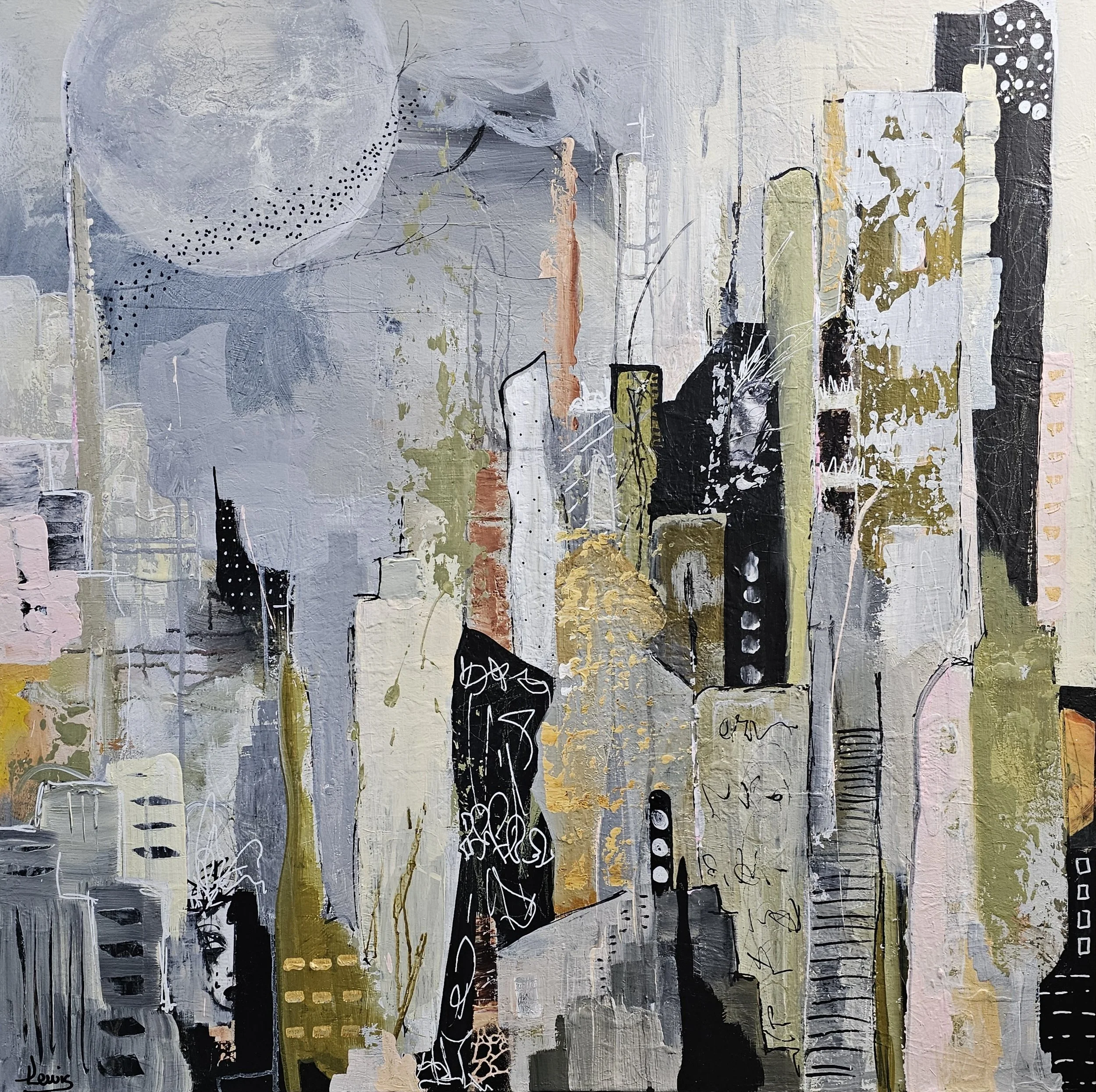 Abstract cityscape painting with tall buildings in muted colors of gray, black, white, beige, and hints of pink and gold, with textured brushstrokes and scribbled lines.