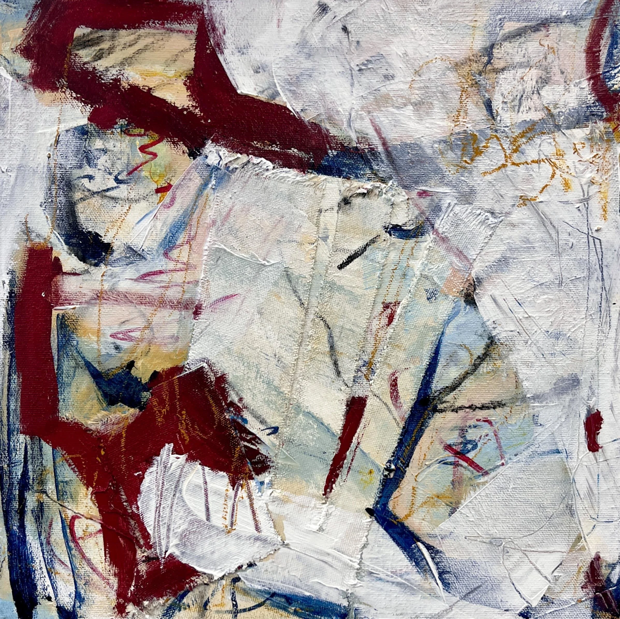 Abstract painting with white, red, black, yellow, and blue brushstrokes and textured surface.