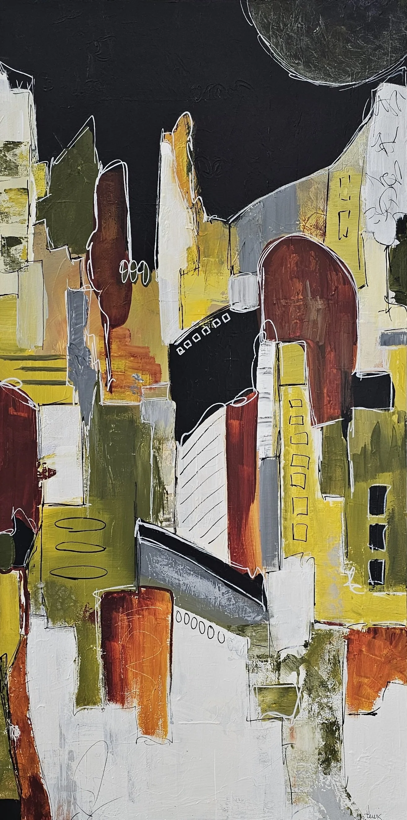 Abstract painting of a cityscape with tall buildings in shades of yellow, orange, brown, green, white, and black, with sketch-like outlines.