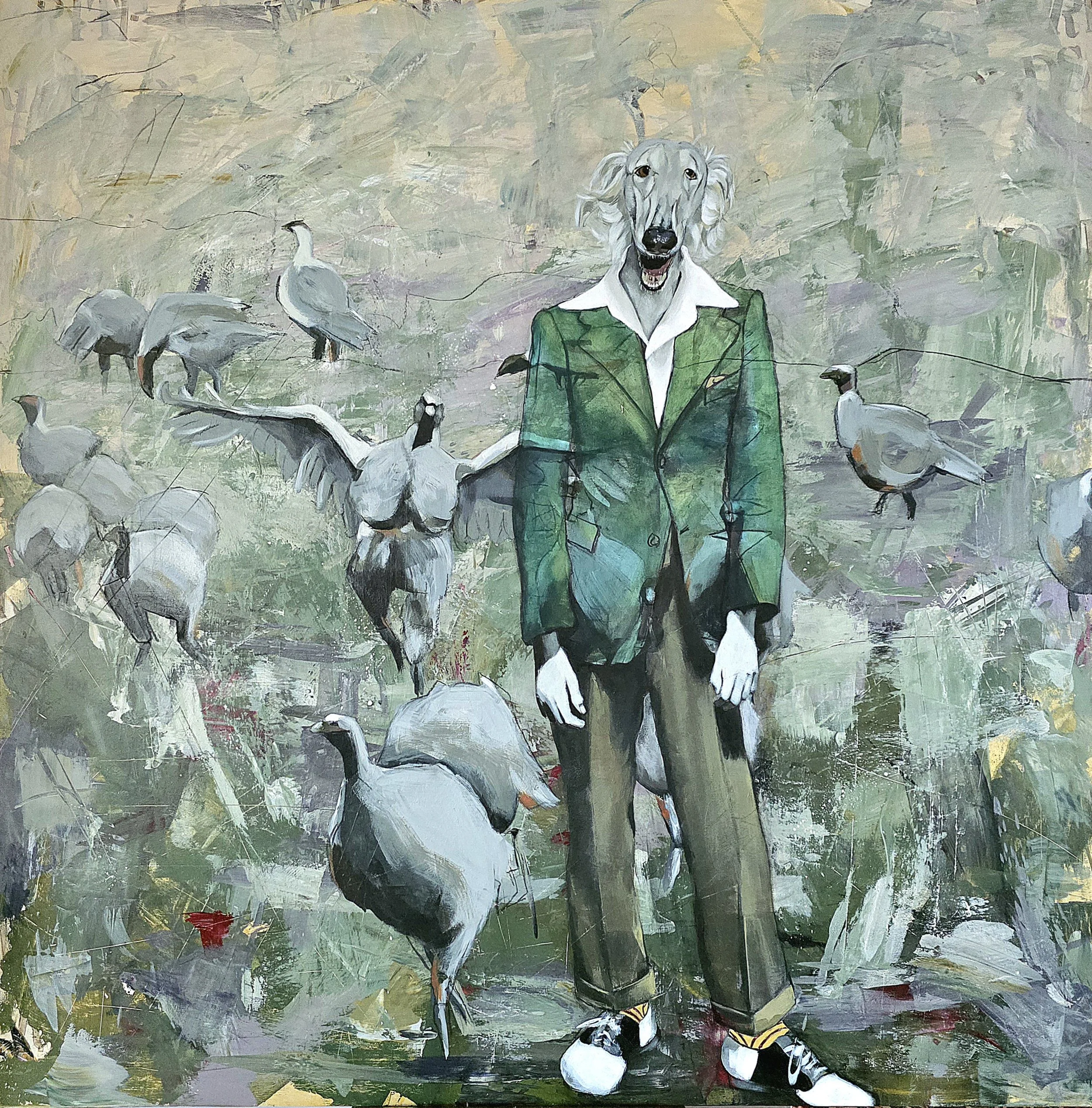 Painting of a humanoid figure with a dog's head wearing a green jacket and brown pants, standing among flying and standing seagulls on an abstract background.