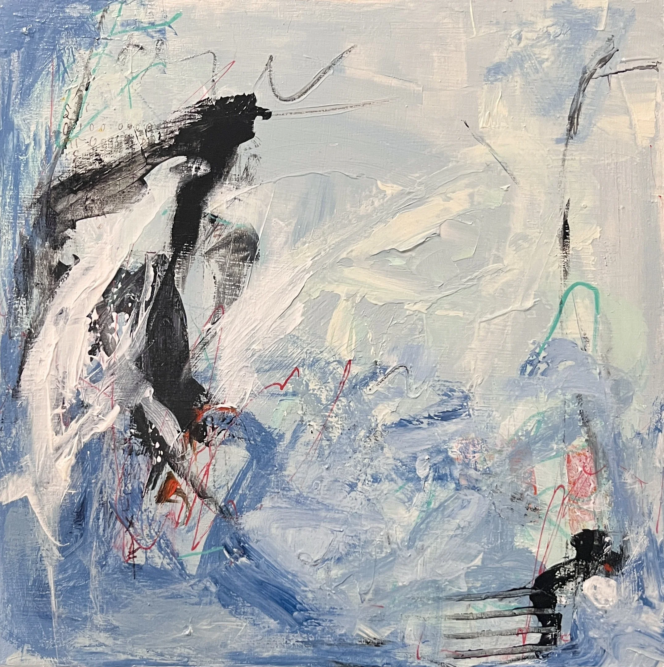 Abstract painting with a blue, white, black, and red color palette, featuring expressive brushstrokes and scribbles.