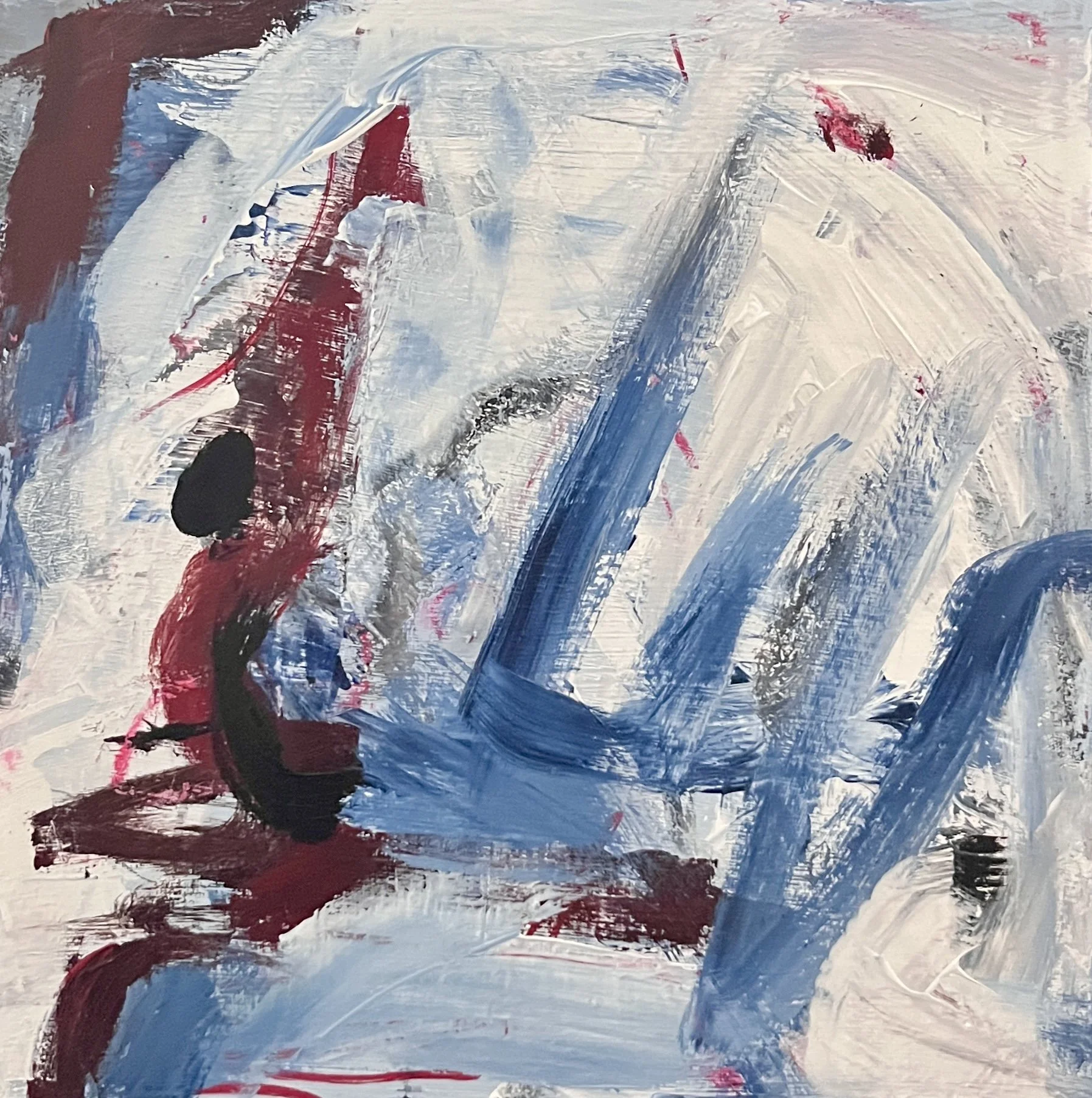 Abstract painting with large, sweeping brushstrokes in shades of blue, white, red, black, and gray.