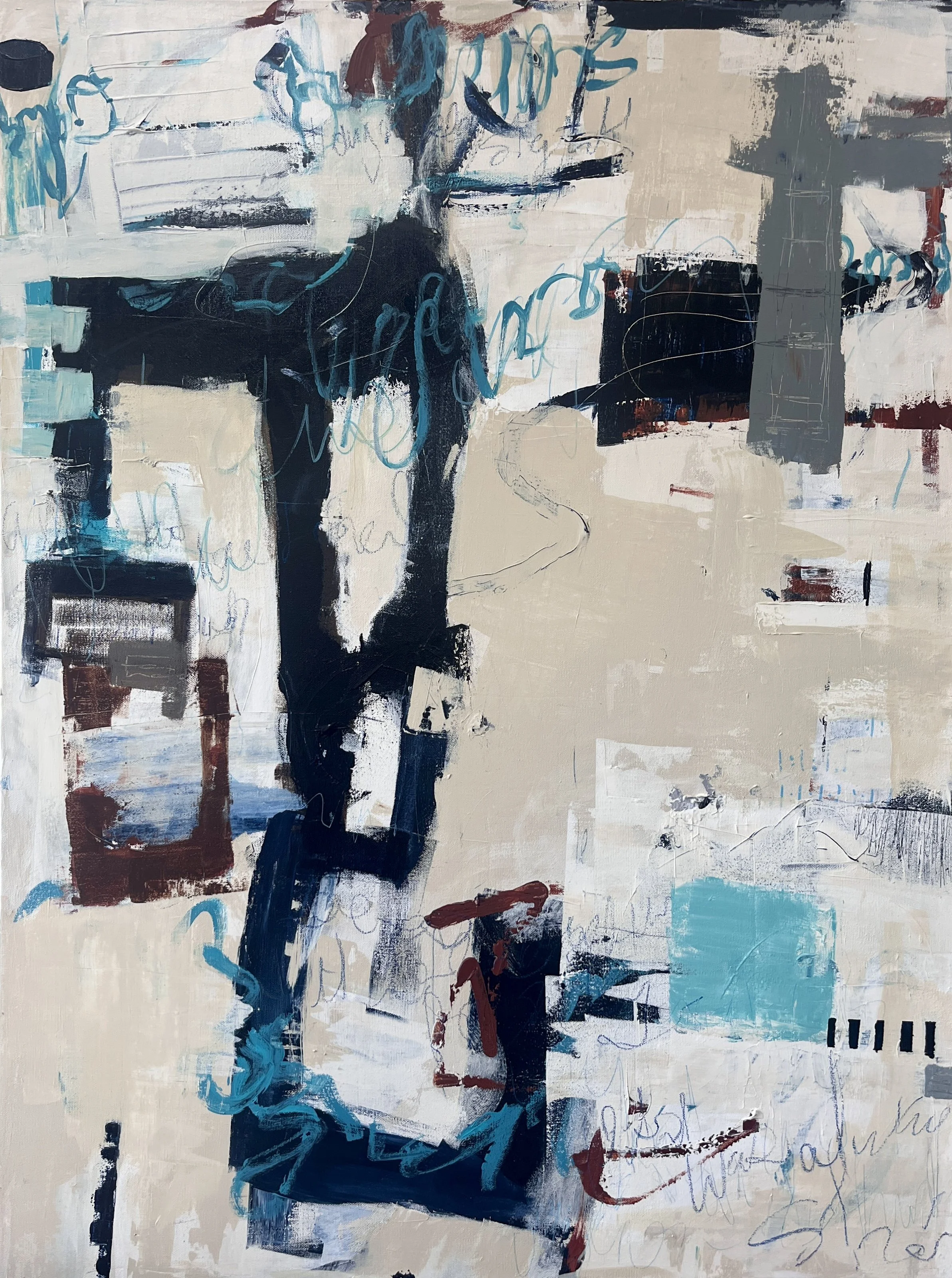 Abstract painting with black, beige, white, blue, red, and gray colors, featuring scribbles and layered overlapping shapes.