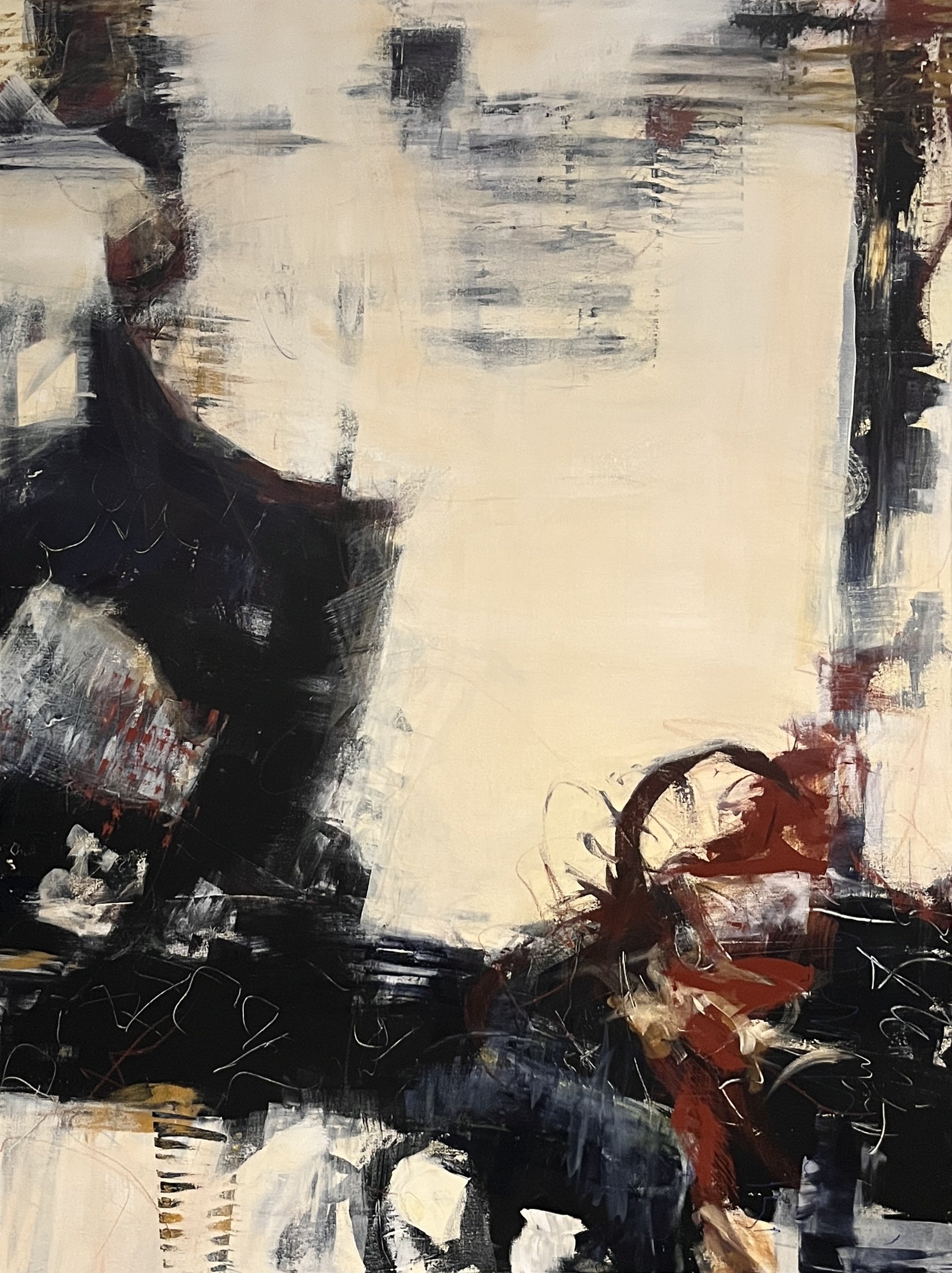 Abstract painting with dark and light brushstrokes, featuring black, red, and beige colors.