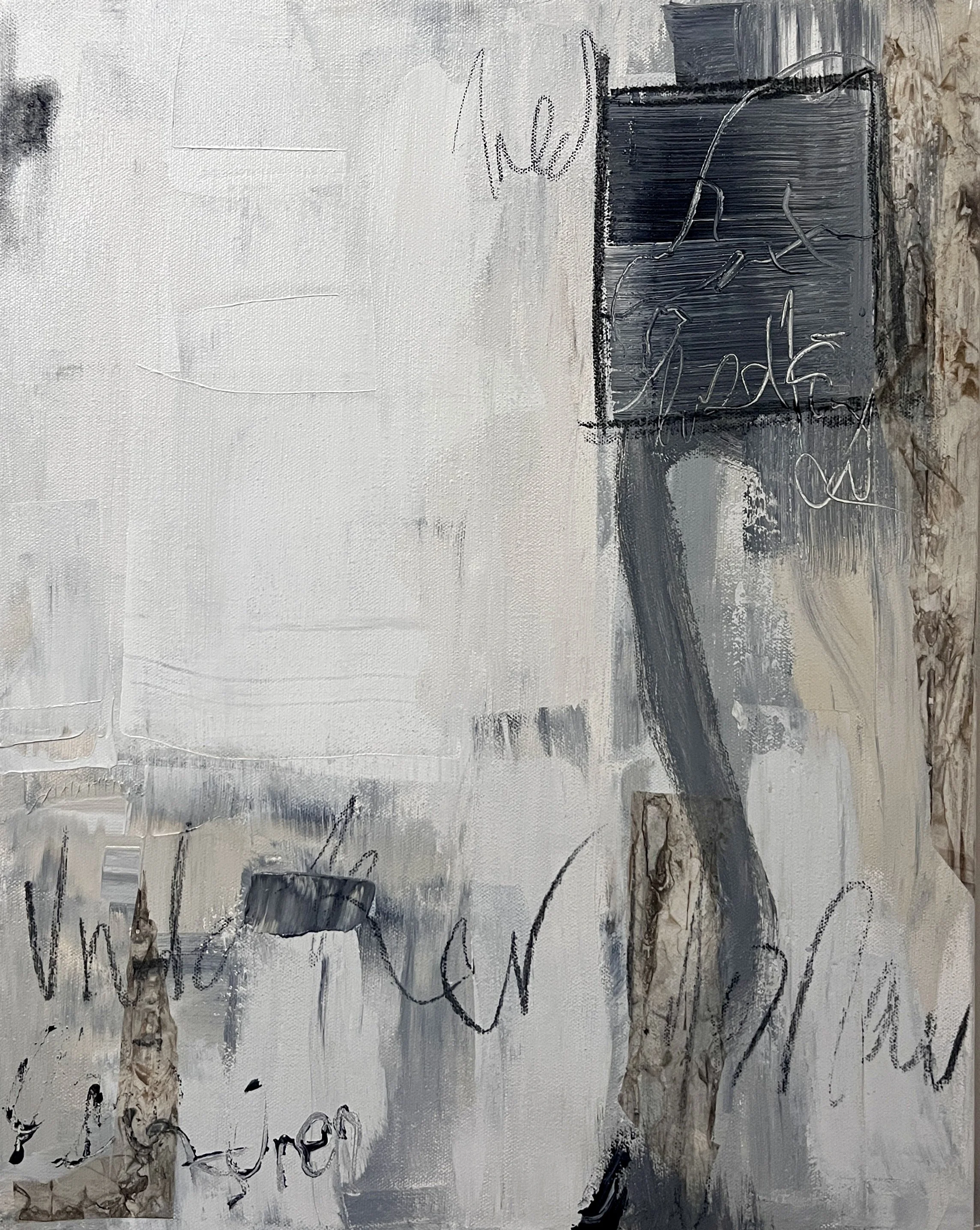 Abstract painting with various shades of white, gray, black, and hints of beige, featuring handwritten script and textured brushstrokes.