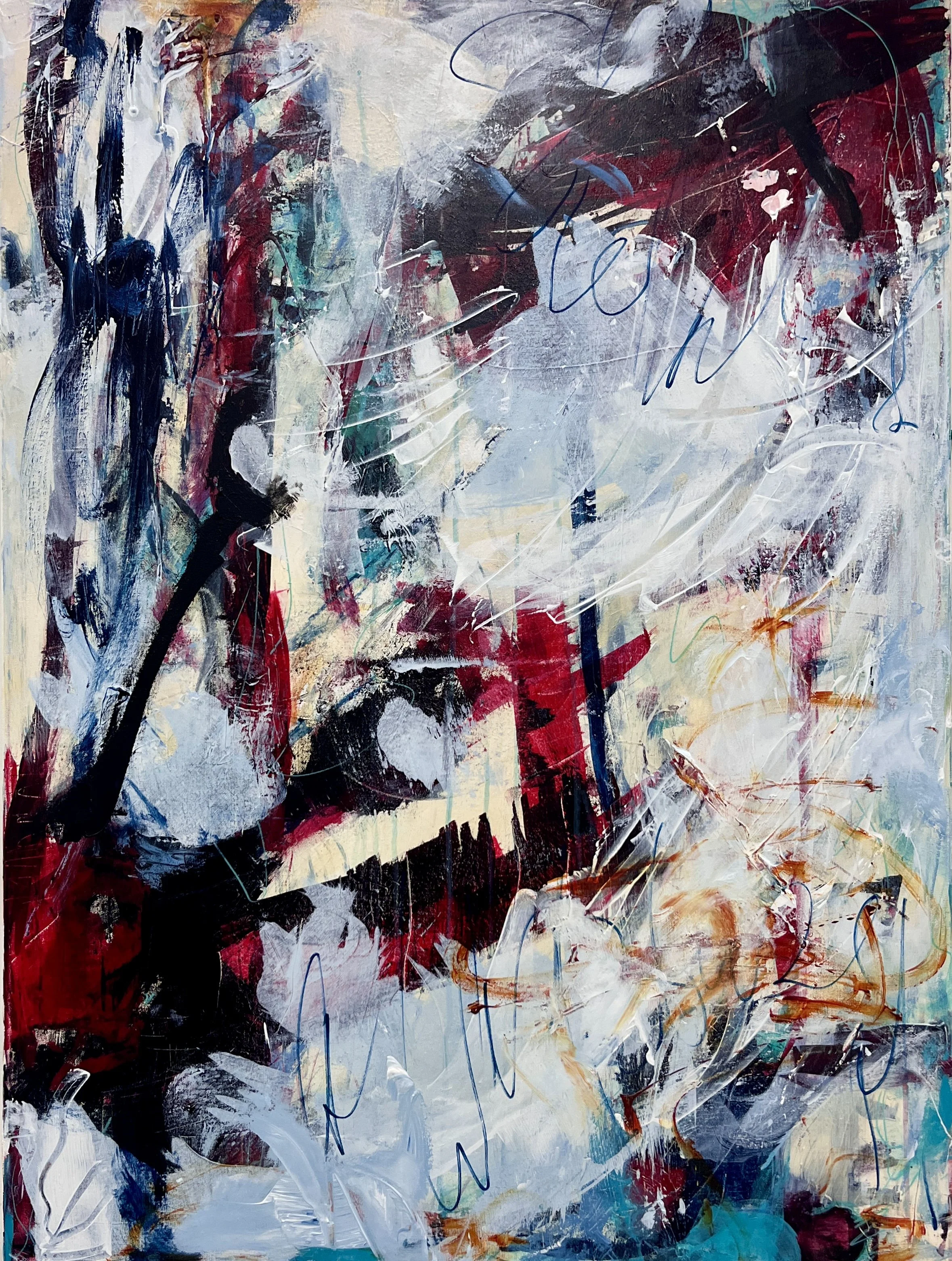 Abstract painting with bold strokes of red, black, white, blue, and hints of orange and green, featuring dynamic brushwork and scribbles.
