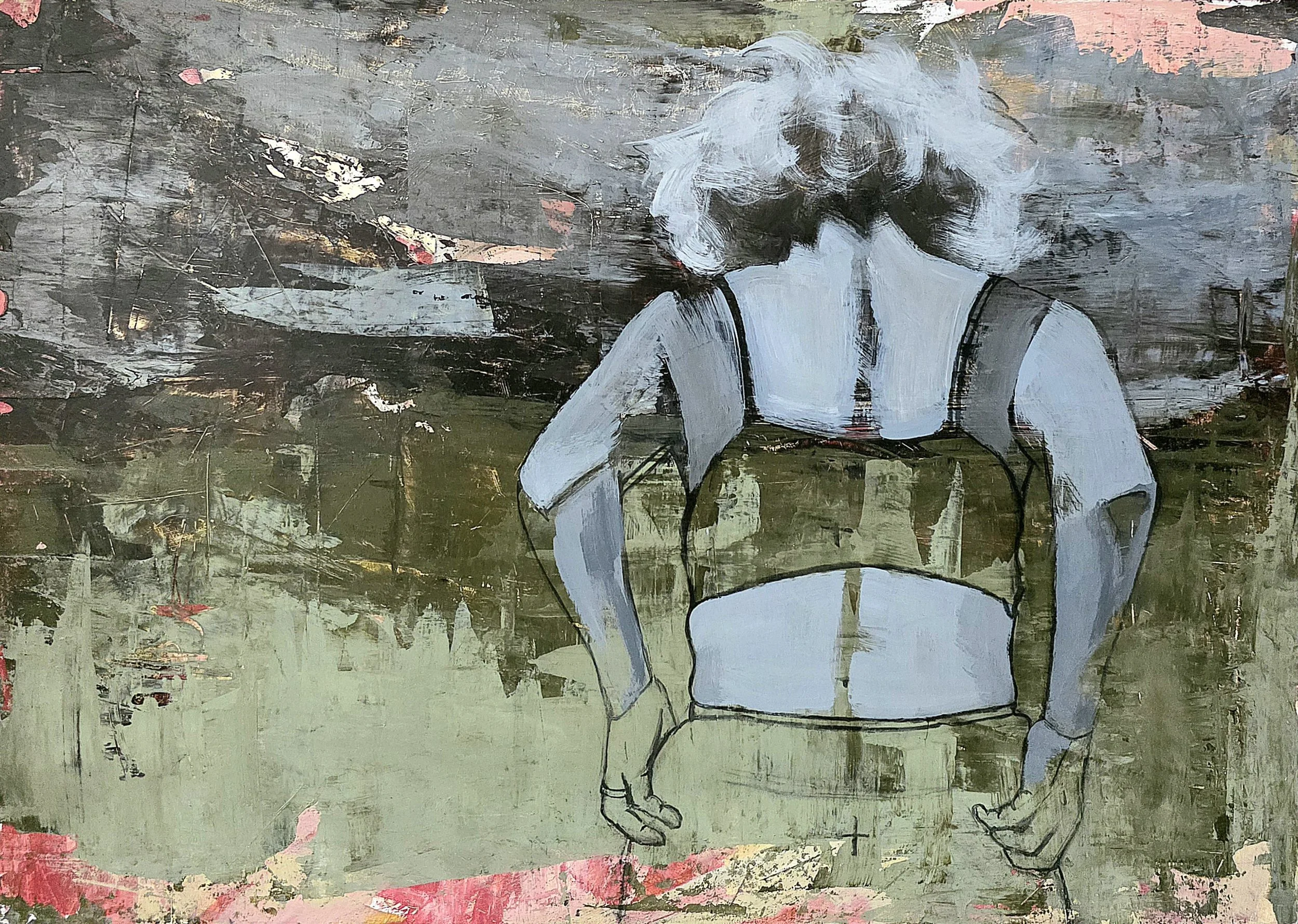 Painting of a woman with gray, curly hair standing outdoors with her back turned. She is wearing a black strappy top and a beige skirt, with her right hand resting on her hip. The background features abstract, textured brushstrokes in muted colors.