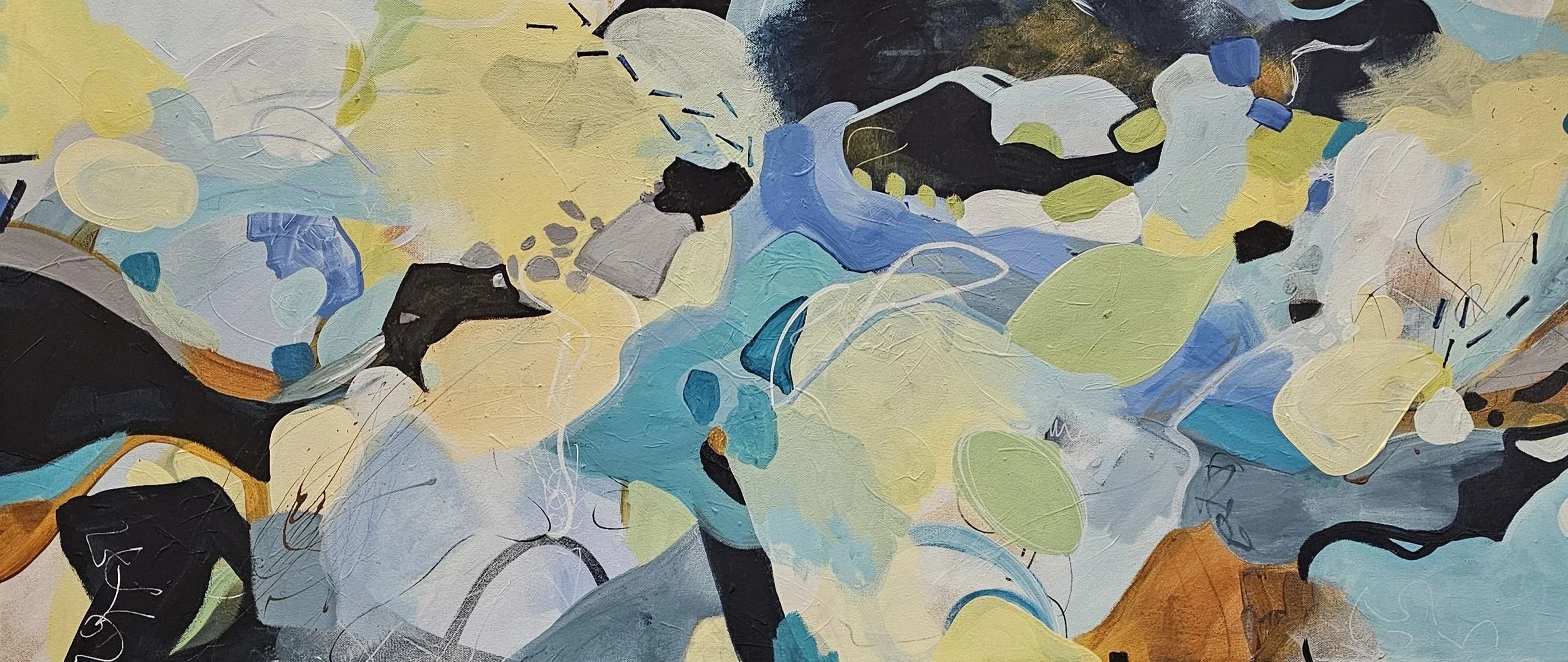 Abstract painting with various shapes and colors including black, white, blue, green, gray, and yellow in a swirling pattern.